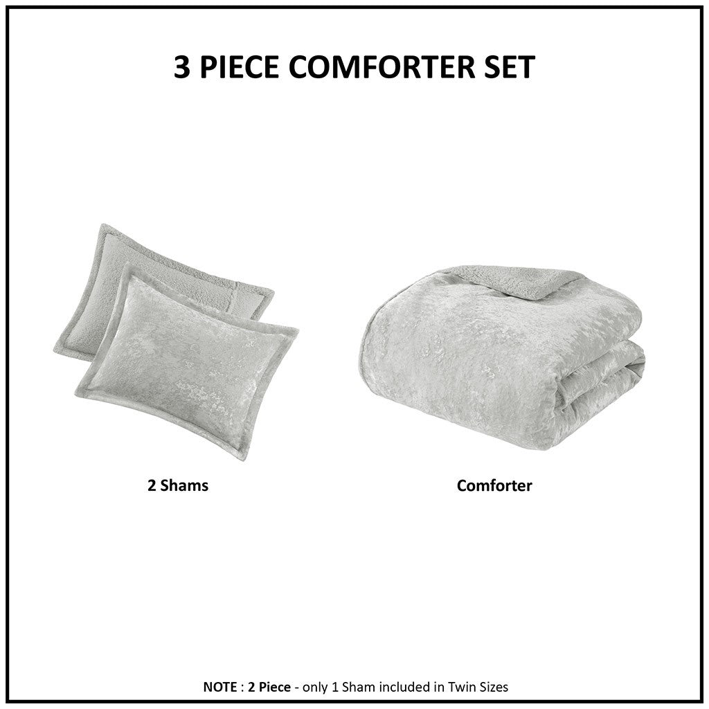 Crushed Velvet Sherpa Reversible Comforter Set King Grey Polyester