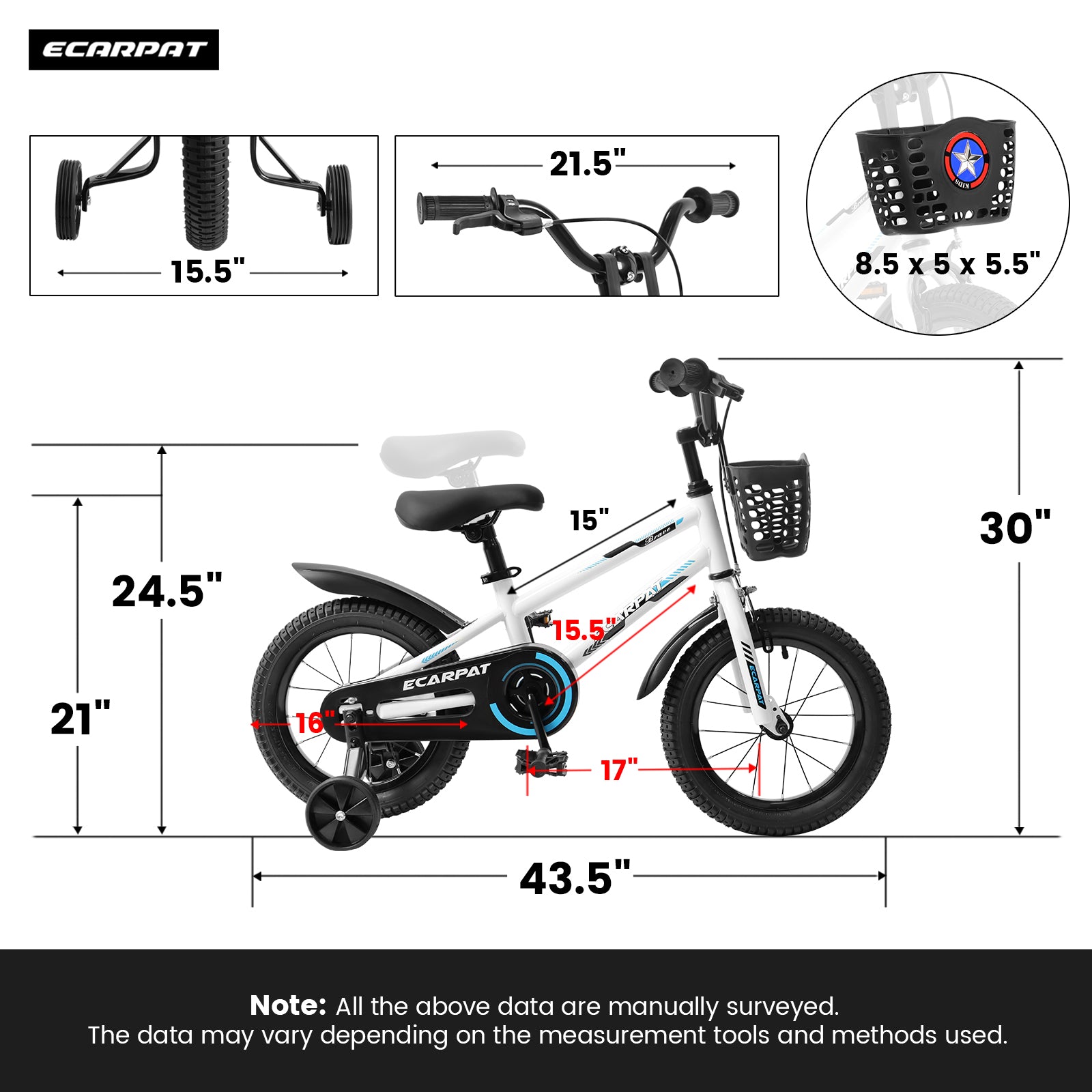 C16111A Kids Bike 16 Inch For Boys & Girls With Training Wheels, Freestyle Kids' Bicycle With Bell,Basket And Fender. White Steel