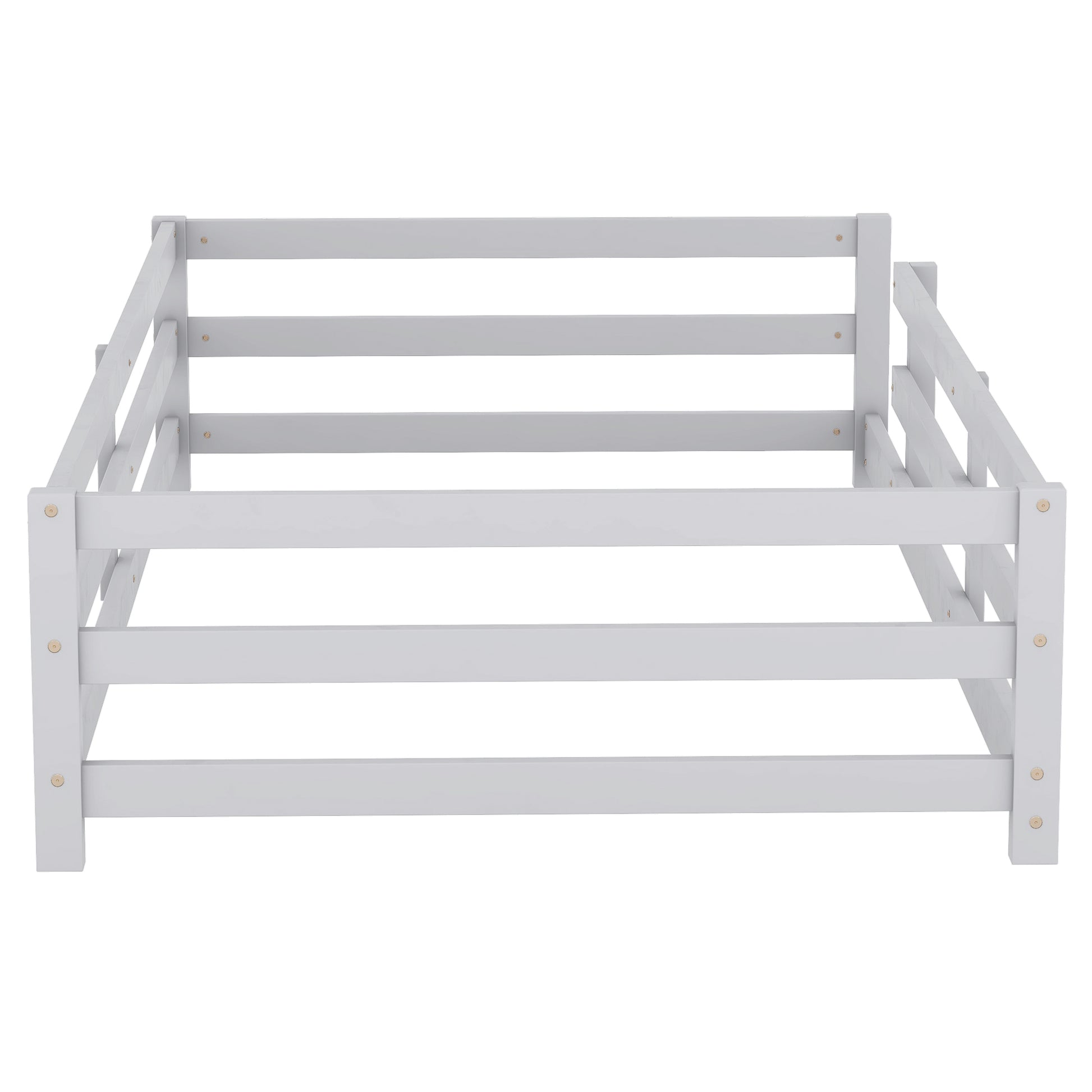 Twin Size Floor Bed, Montessori Floor Bed With Fence, Kids Montessori Bed Twin Size, Wood Montessori Floor Bed For Kids, Girls, Boys Gray Grey Wood Metal