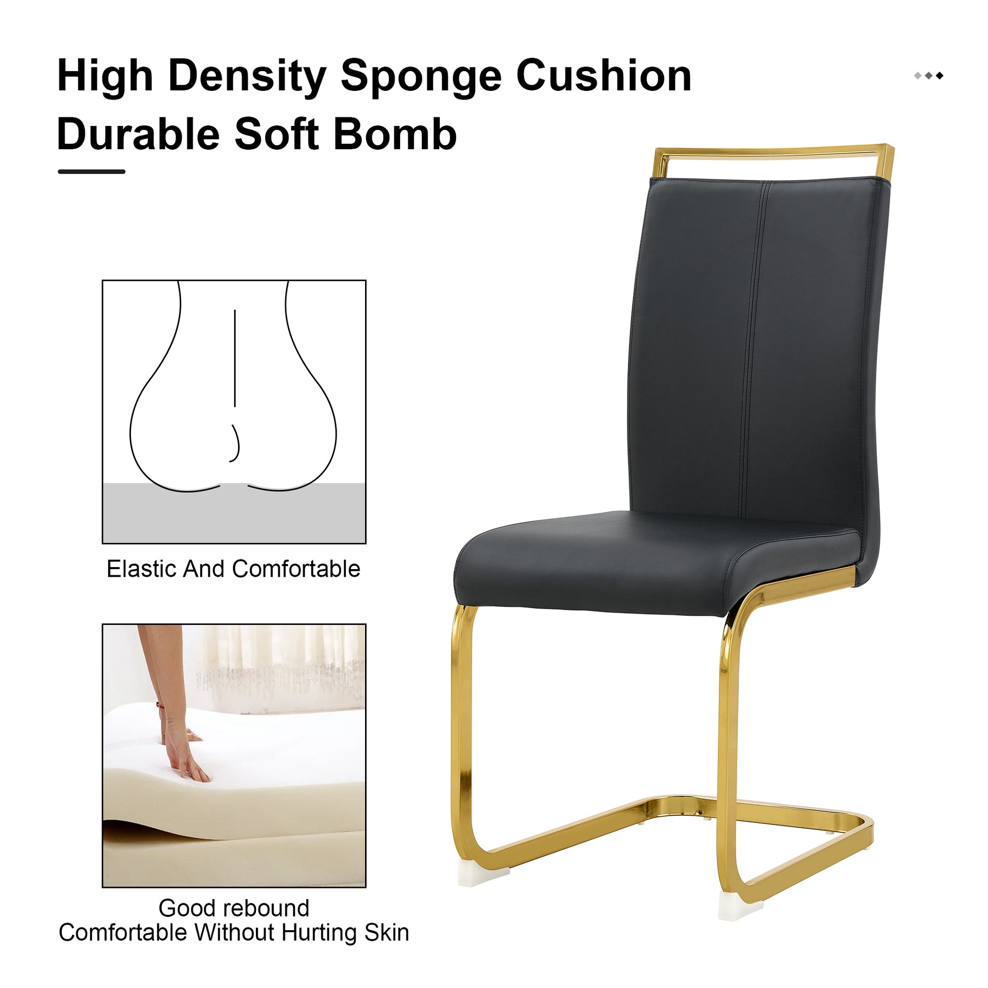 Table And Chair Set, The Table Is Equipped With A Marble Patterned Mdf Tabletop And Gold Table Legs.The Chair Is Equipped With Pu Synthetic Leather High Back Cushion And Gold Coated Metal Legs. Gold Black Seats 4 Mdf Metal
