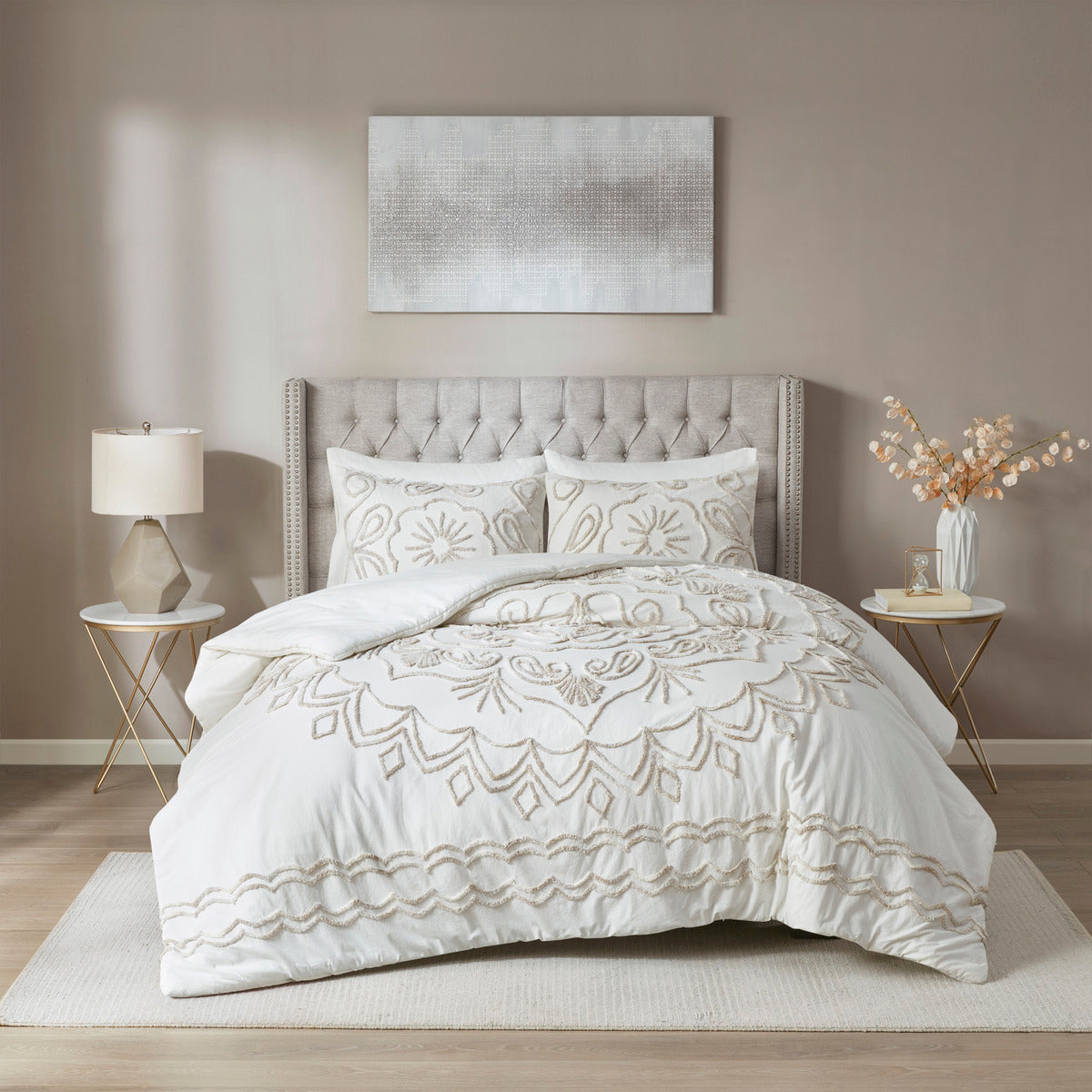 3 Piece Tufted Cotton Chenille Comforter Set Ivory Taupe Full Queen Full Ivory Taupe Polyester