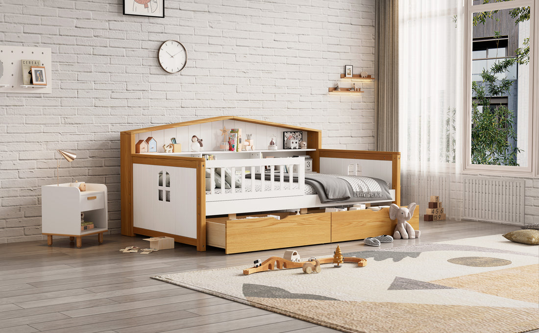 Twin Size House Shape Bed With Two Drawers And Bookcase Headboard Wooden Bed For Girls Boys Teens, No Box Spring Needed, Walnut And White Box Spring Not Required Twin White Walnut Wood Bedroom Cute Pine Bed Frame Wood