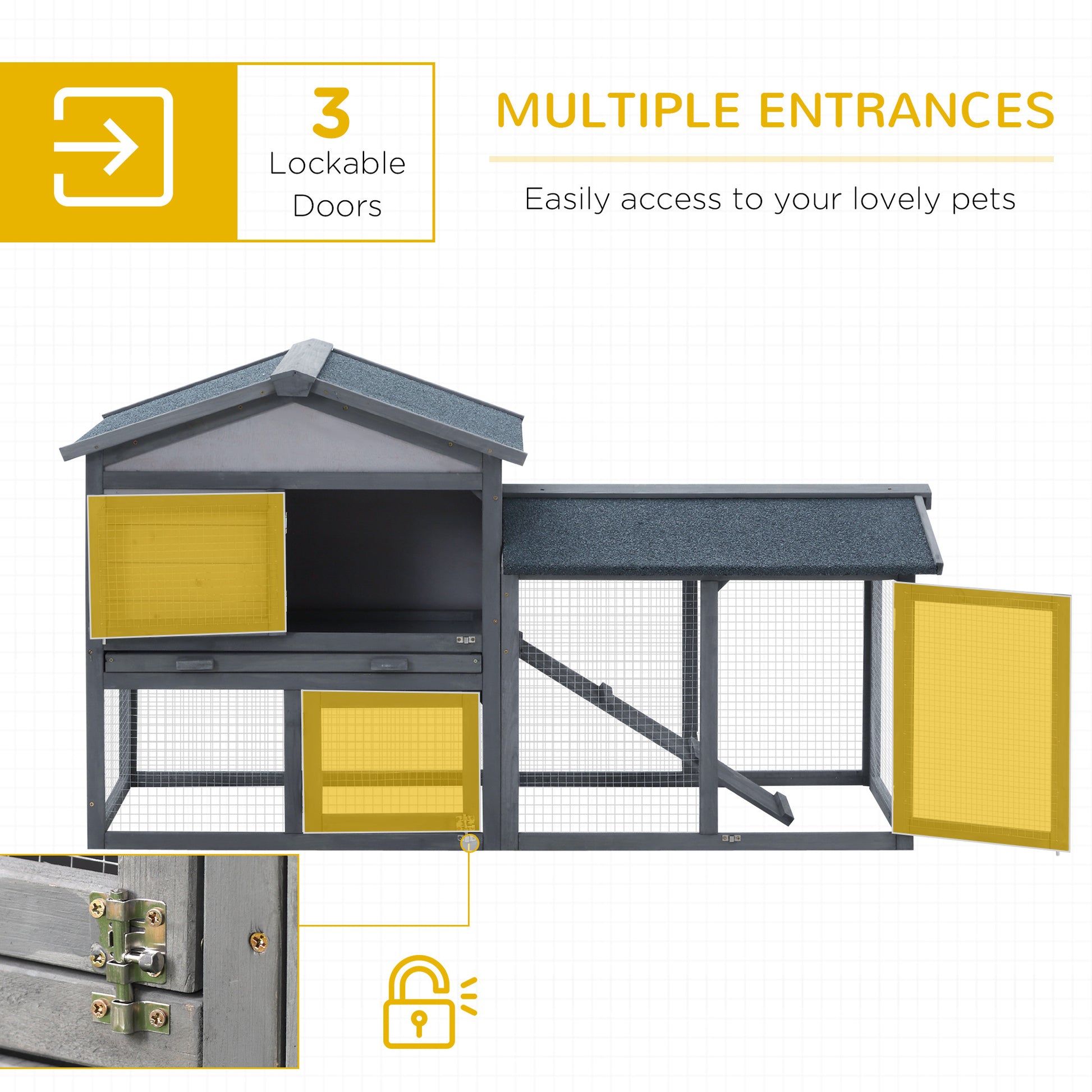 Pawhut 58" Rabbit Hutch, Wooden Bunny Hutch, Guinea Pig Cage, Small Animal Enclosure With Run Area, Removable Tray, Asphalt Roof, Lockable Doors And Ramp, Dark Gray Grey Wood