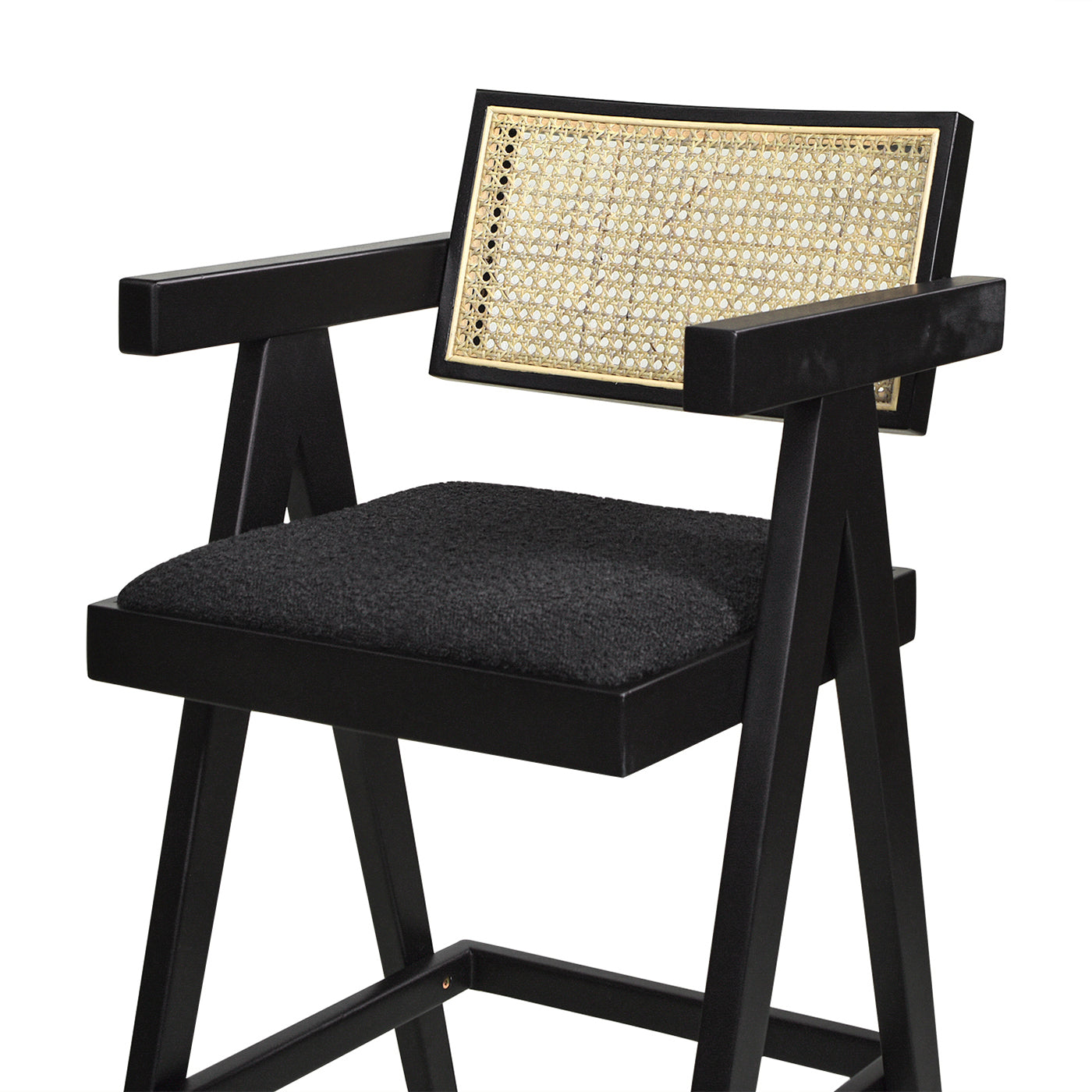 Milan 29.5" Modern Resin Webbing Back Bar Stool With Arms, Set Of 3, Ebony Black Boucle Black Foam Boucle