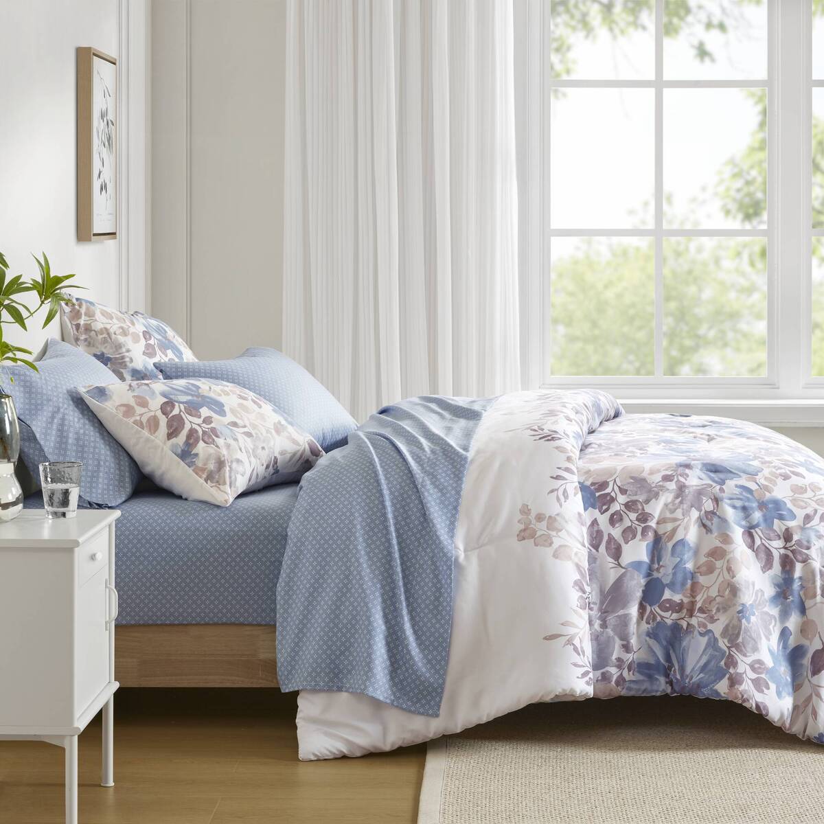 Floral Comforter Set With Bed Sheets Blue King Blue Polyester