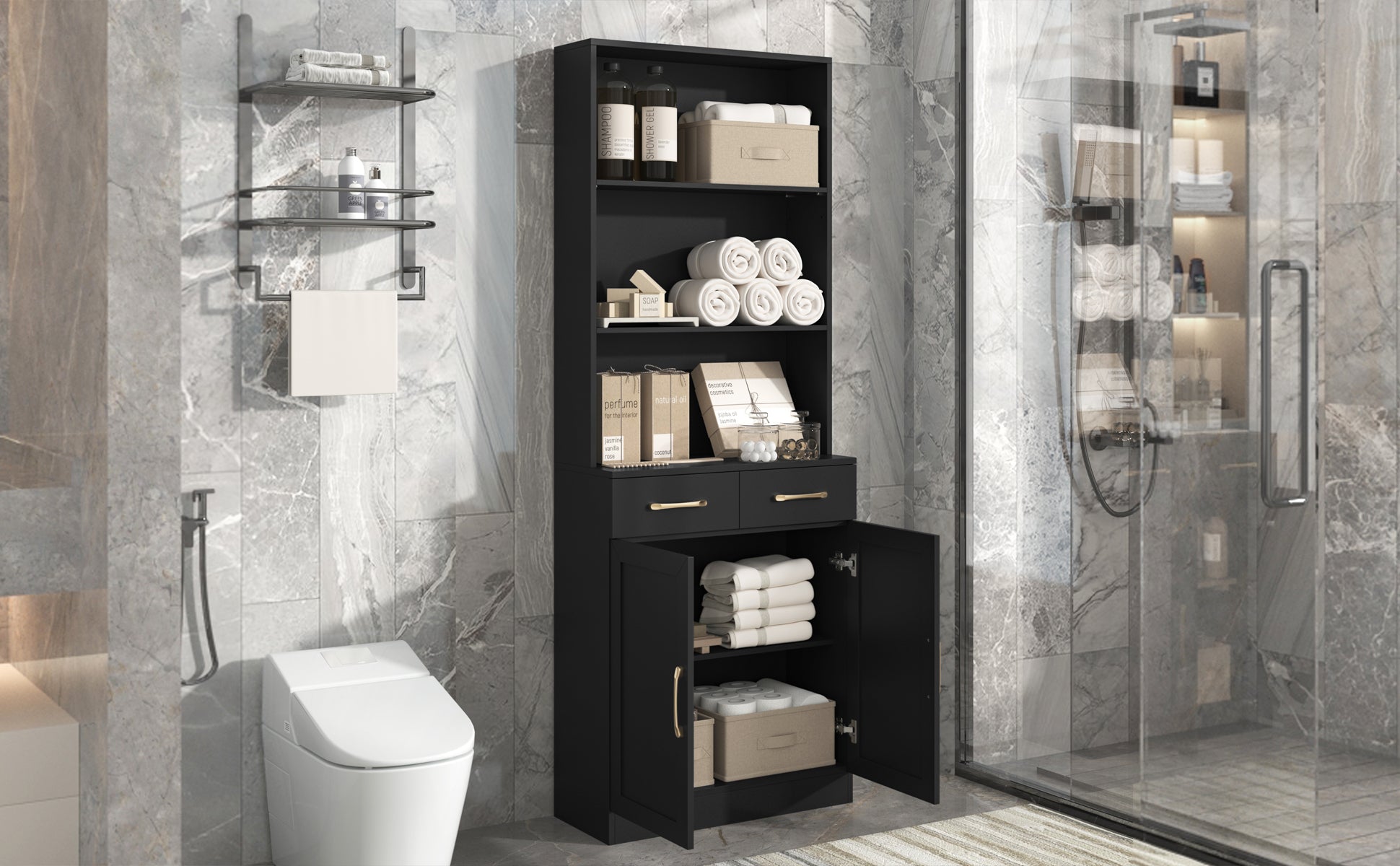 Bathroom Storage Cabinet, Cabinet With Two Doors And Drawers, Adjustable Shelf, Three Layer Open Shelf, Mdf Board, Black Black Mdf