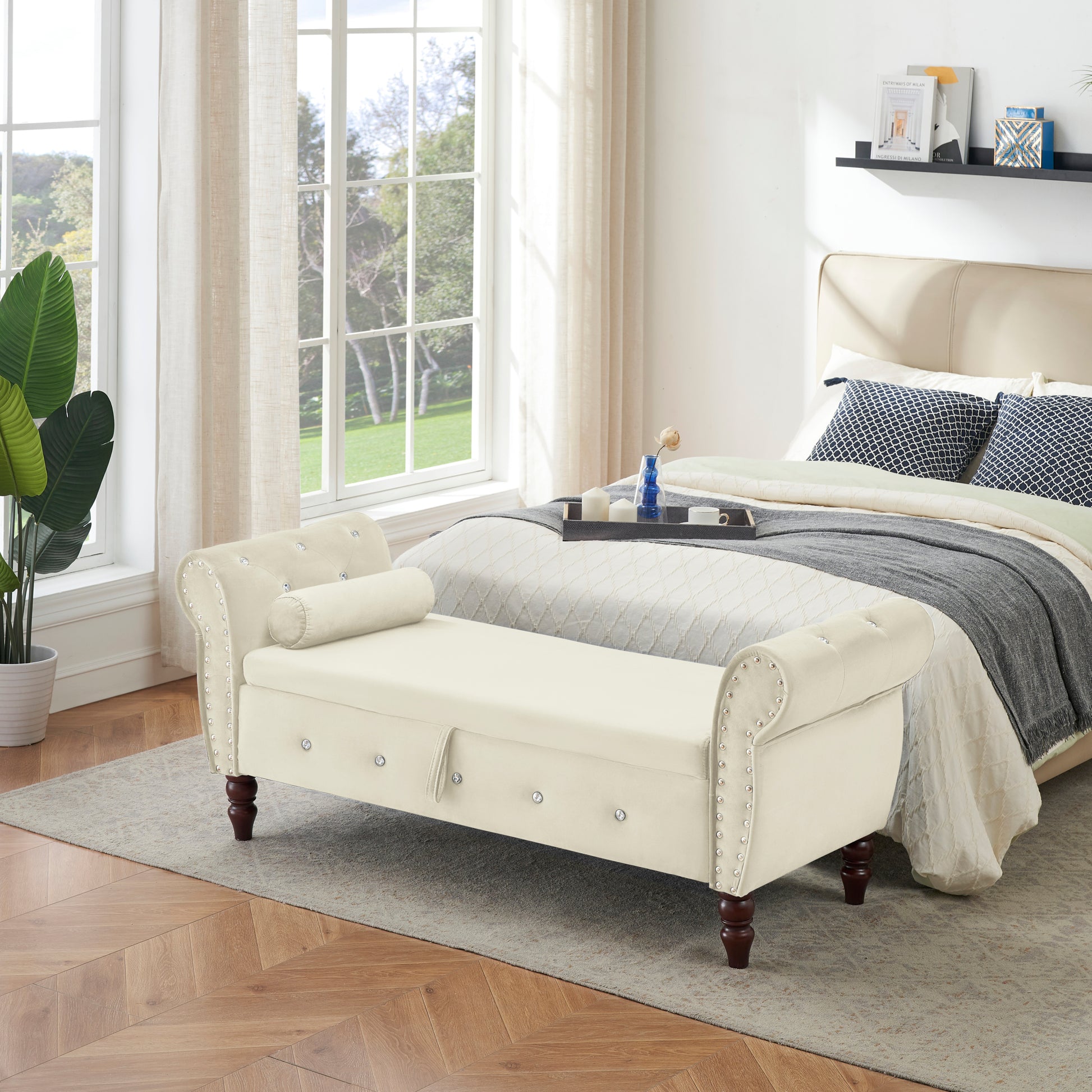 63.38"Velvet Multifunctional Storage Rectangular Ottoman Bench Comes With Crystal Buckle Solid Wood Legs With 1 Pillow,Beige Beige Velvet