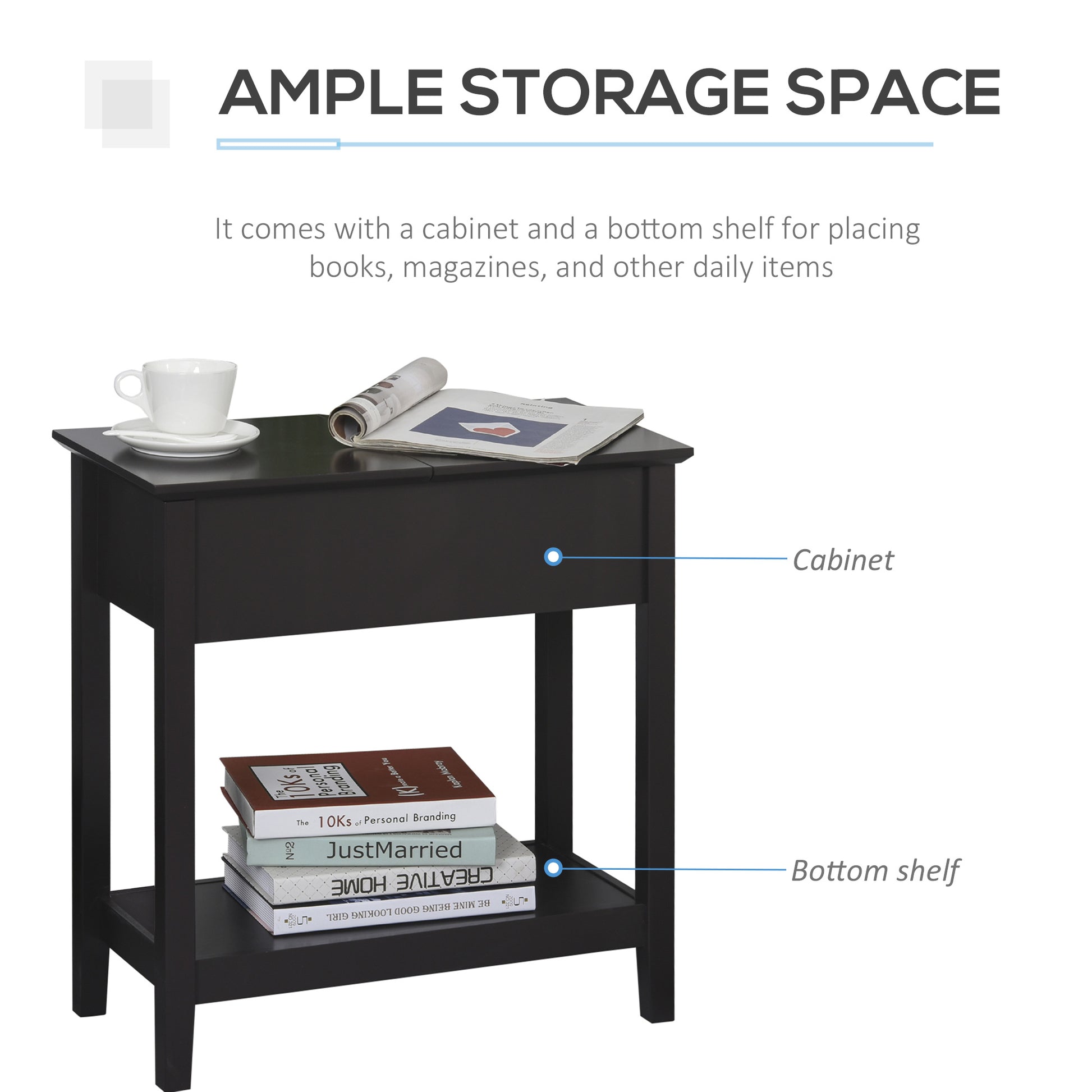 Homcom End Table, Narrow Side Table With Flip Top, Storage Cabinet, Bottom Shelf For Living Room, Dark Coffee Dark Coffee Mdf