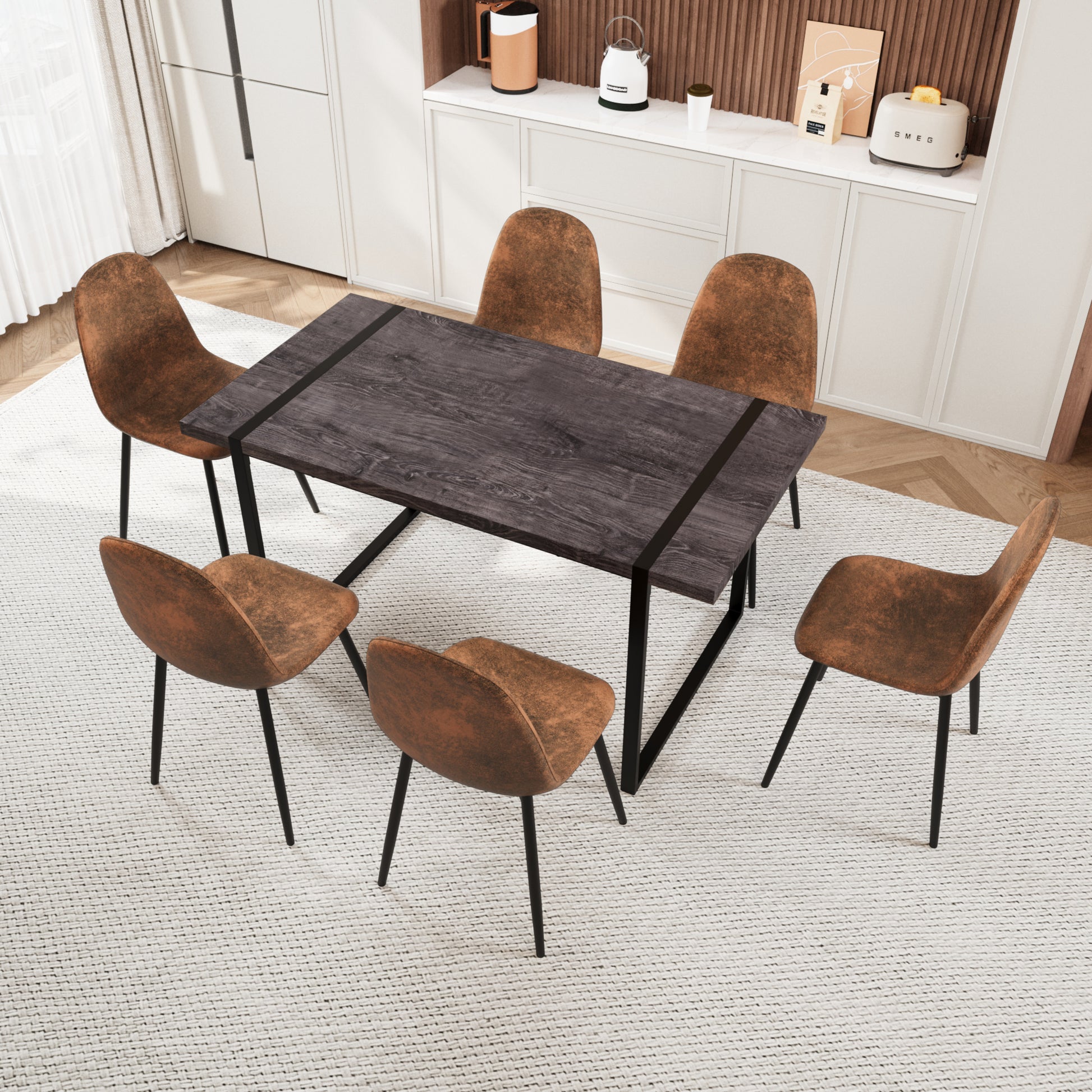 Mdf Black Wooden Dining Table And Modern Dining Chair Set Of 8 Pieces, Medieval Wooden Kitchen Dining Table Set, Black Metal Base, Dining Table And Suede Chair Set Buy 6 Chairs And Get 2 Free Brown