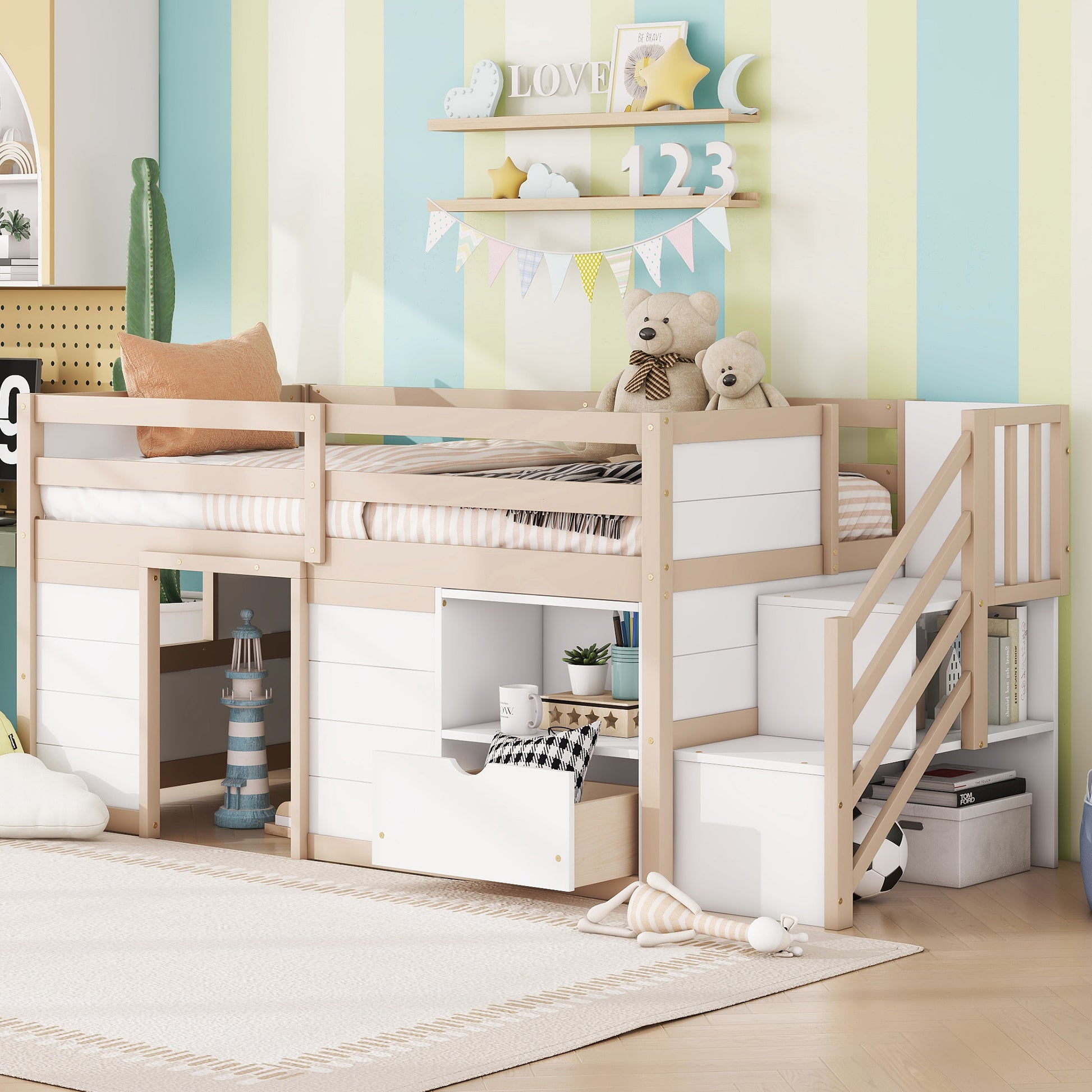 Solid Wood Twin Size Low Loft Bed With Stair, Drawer, And Shelf For Cream White Color Twin Box Spring Not Required Cream,White Wood Bedroom Kids Particle Board,Pine,Plywood