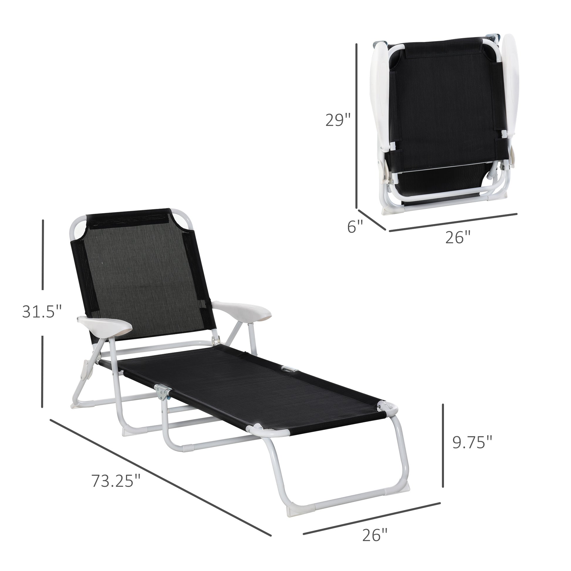 Outsunny Folding Chaise Lounge, Outdoor Sun Tanning Chair, 4 Position Reclining Back, Armrests, Metal Frame And Mesh Fabric For Beach, Yard, Patio, Black Black Metal