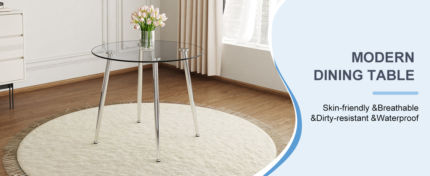 Round Dining Table With Glass Top, Silver Metal Legs, Exquisite Life, Starting From The Details, The Silver Legs Show An Extraordinary Texture, Which Is The Finishing Touch To Your Home Transparent Glass Metal