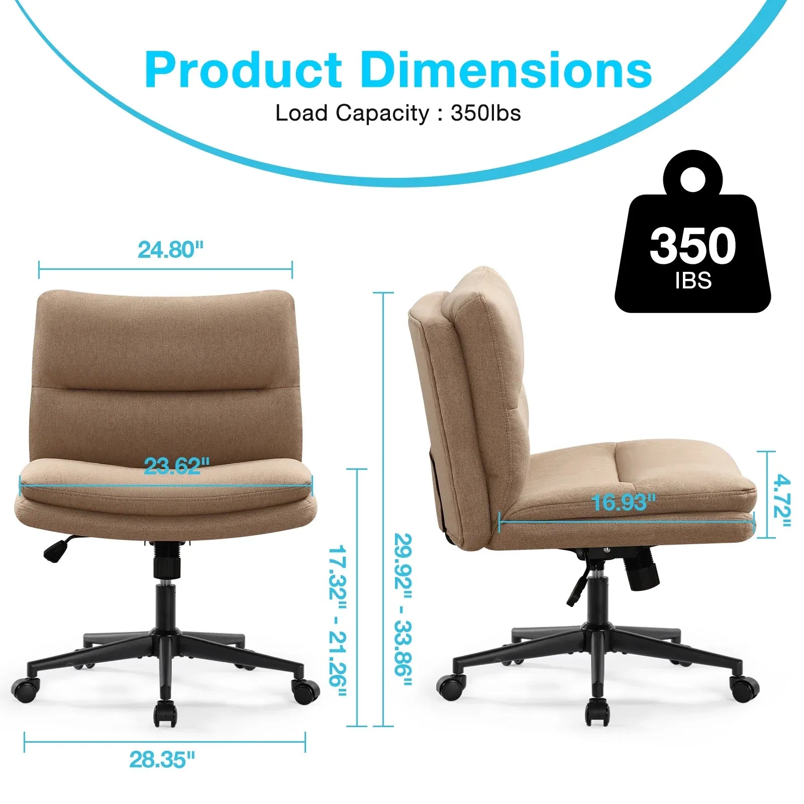 Office Chair Armless Criss Cross Legged Chair With Wheels, Comfy Home Office Desk Chairs, Adjustable Swivel Padded Fabric Vanity Task Computer Chair,Light Brown Wood Light Brown Cotton Office Chairs Handle Cotton Linen