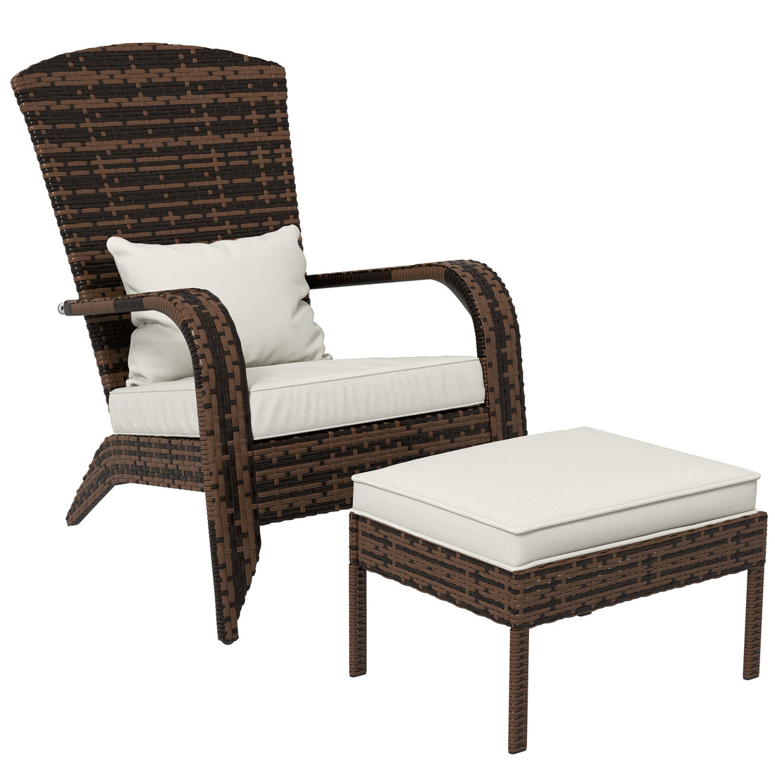 Outsunny Patio Wicker Adirondack Chair With Ottoman, Outdoor Fire Pit Chair With Cushions, High Back, Large Seat & Armrests For Deck, Garden & Backyard, Cream White White Steel