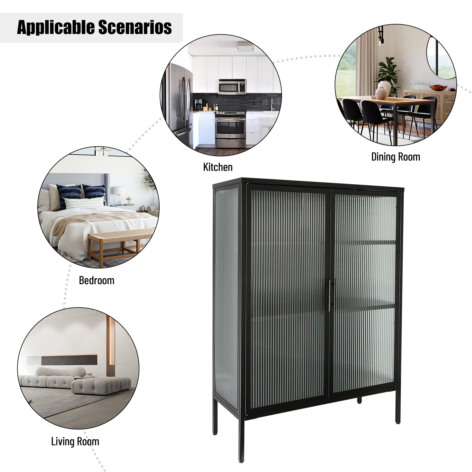 48 Inch Double Glass Door Storage Cabinet, Sideboard Cabinet With Adjustable Shelves And Feet Cold Rolled Steel Tempered Glass Sideboard Furniture For Living Room Kitchen Black Color Black Steel