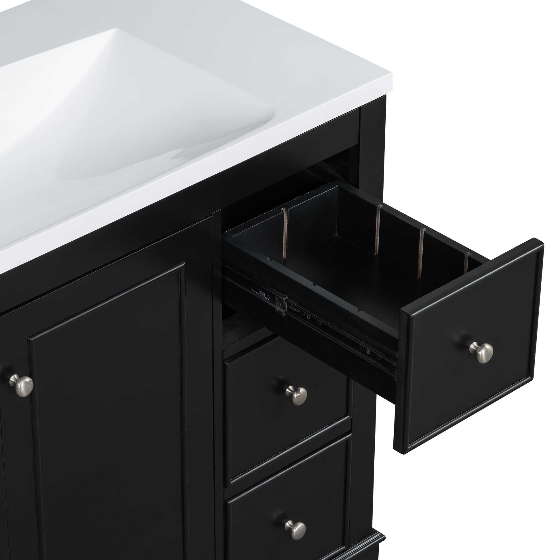 Contemporary Black Bathroom Vanity Cabinet 36X18X34 Inches, 4 Drawers & 1 Cabinet Door, Multipurpose Storage, Resin Integrated Sink, Adjustable Shelves, Solid Wood Frame With Mdf Black Bathroom