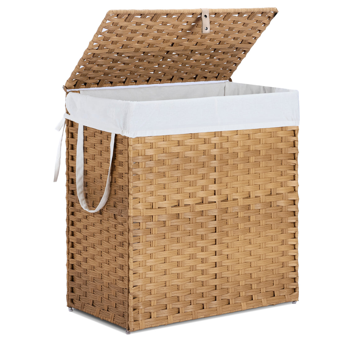 Laundry Basket With Lid, 110 L Hand Woven Pp Rattan Laundry Basket With Compartments & Handles, Foldable, Removable Liner Yellow Polyethylene