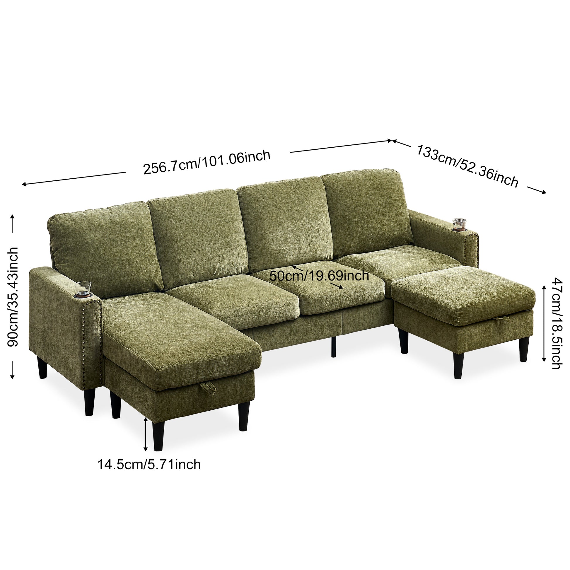 Chenille Sectional Sofa, U Shaped Sofa Couch With High Density Memory Foam, 4 Seat Comfy Modular Sofa Couch For Living Room, Modern U Shaped Sectional Sofa,U Shaped Green Green Chenille Metal