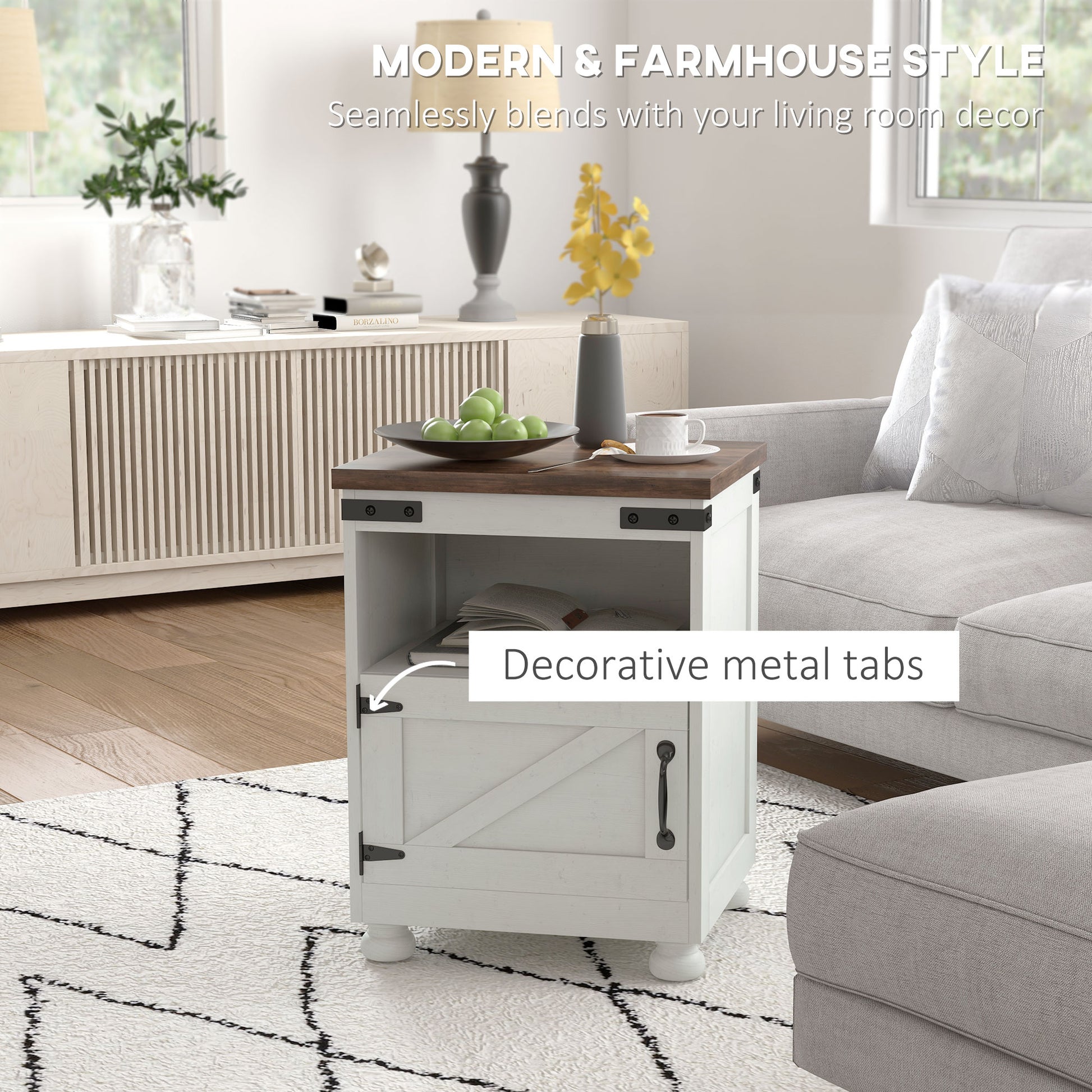 Homcom Small Side Table With Storage, Farmhouse End Table With Open Shelf And Cupboard, Modern Sofa Table With Wood Legs For Living Room, White White Particle Board