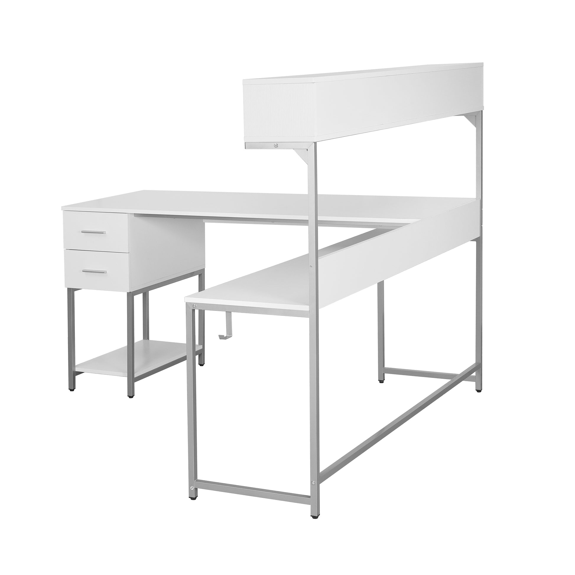 Techni Mobili L Shape Desk With Hutch And Storage, White White Computer Desk Office Modern L Shape Engineered Wood