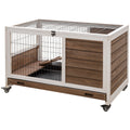 Pawhut Wooden Rabbit Hutch Indoor Outdoor, Elevated Bunny Cage With No Leak Tray Enclosed Run With Wheels, Ideal For Guinea Pigs And Small Animals, Brown Brown Wood