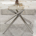 Table And Chair Set.Modern Luxurious White Marble Patterned Tempered Glass Dining Table With 6 Chairs.Single Fork Silver Metal Table Legs.Dark Gray Pu Dining Chairs With Silver Metal Legs. Dark