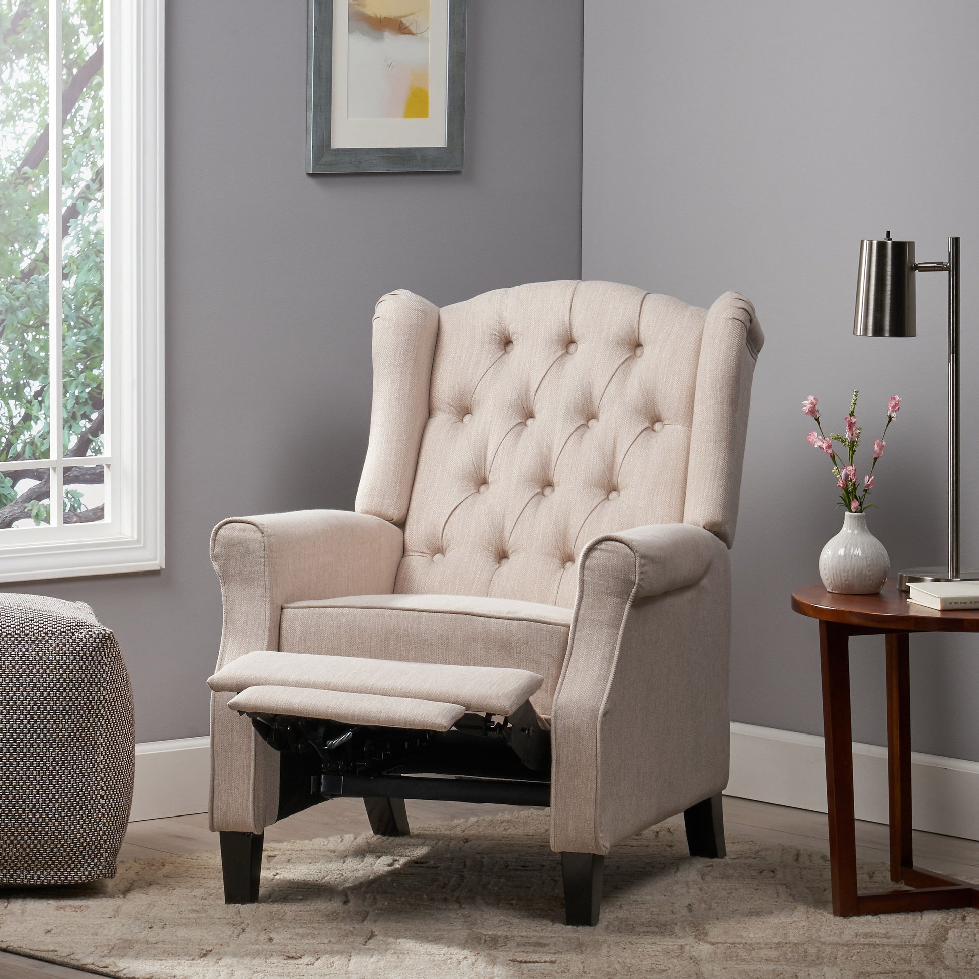 Push Back Recliner Beige Fabric