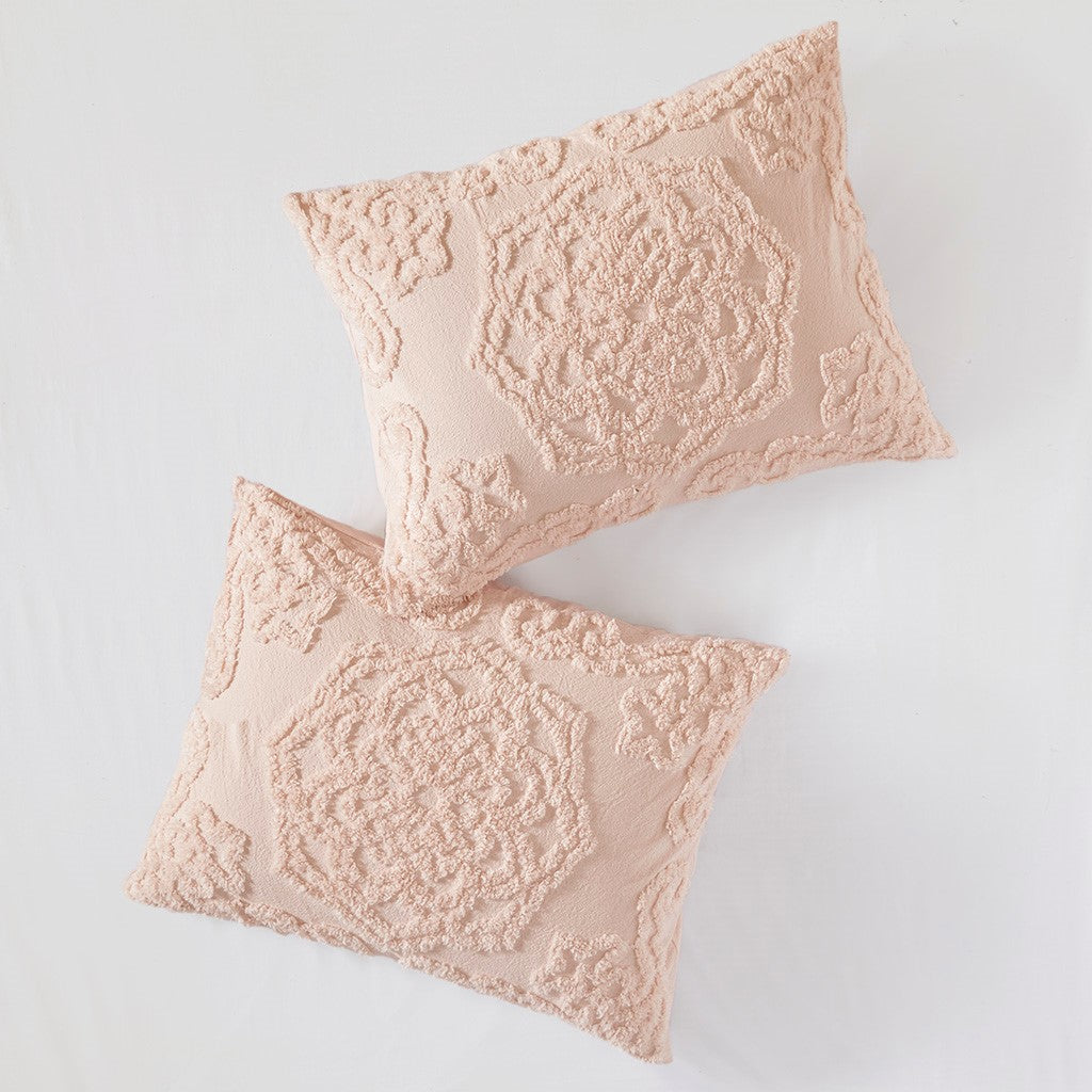 Tufted Cotton Chenille Medallion Fringe Coverlet Mini Set Blush Full Queen Full Blush Cotton