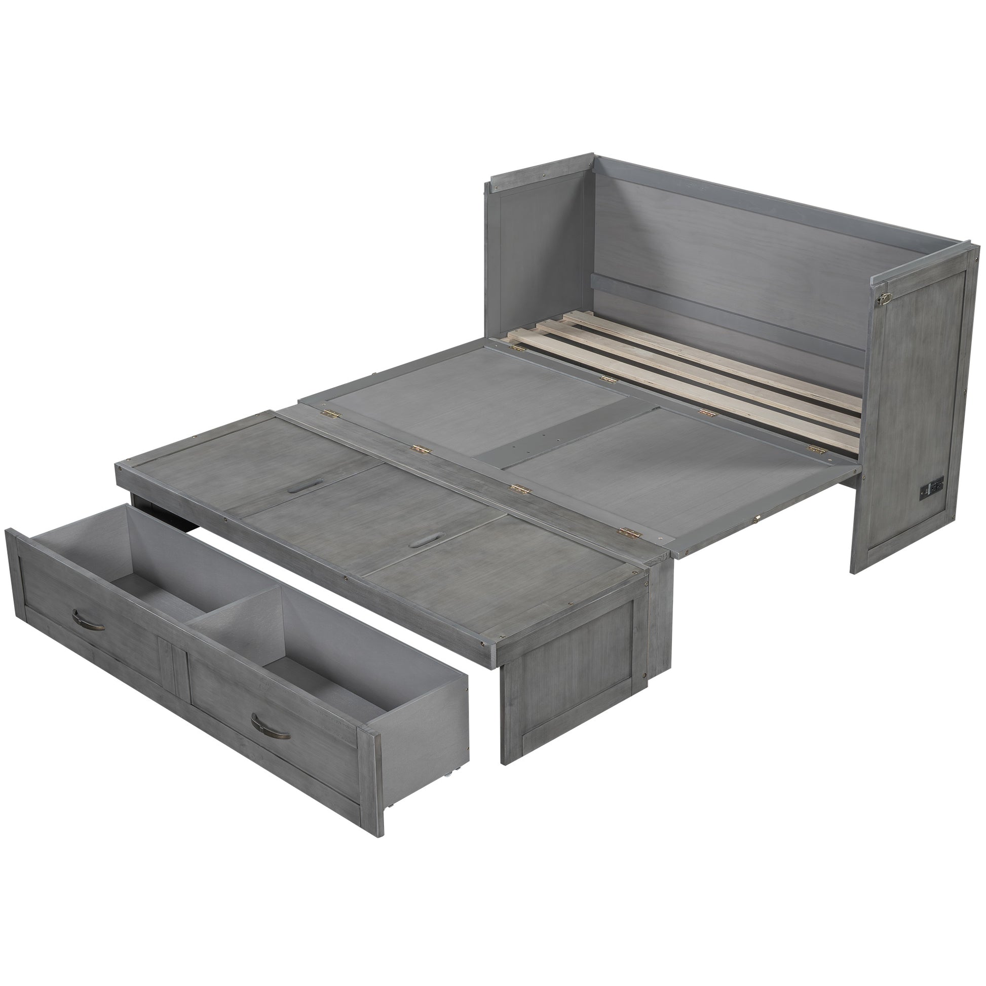 Queen Size Murphy Bed With Usb Ports, Large Drawers And Metal Handles, Antique Grey Queen Gray Solid Wood Mdf