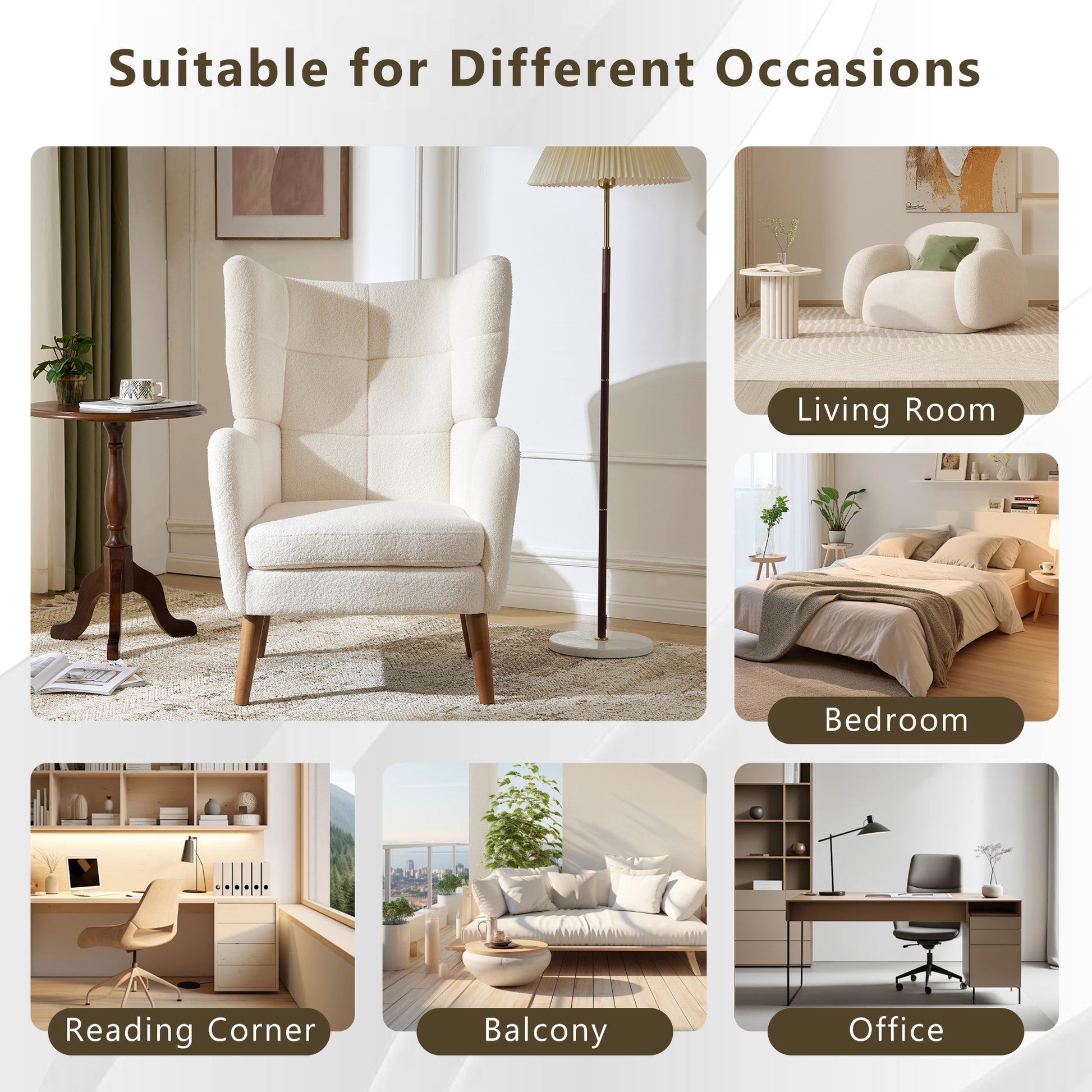 Mid Century Accent Chair, Ivory White, Modern Retro Club Chair, Birch Frame, Upholstered Teddy Wool Fabric, Single Sofa Armchair For Small Spaces, Living Room, Bedroom, Reading Corner, Balcony,Office Ivory White Espresso Primary Living Space
