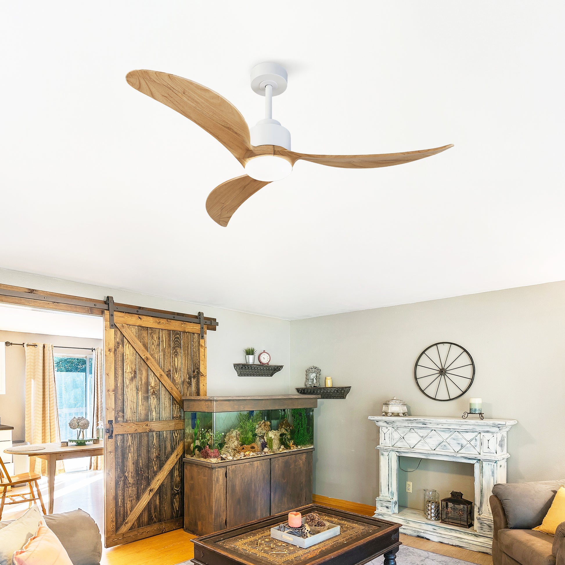 52" Ceiling Fan With Dimmable Led Light Remote Control,Quiet Dc Motor 6 Speed Levels,Adjust Height 3 Pcs Rod Reversible Ceiling Fan, For Patio Living Room, Bedroom, Office,Indoor. White Natural White Farmhouse,Industrial Iron Wood