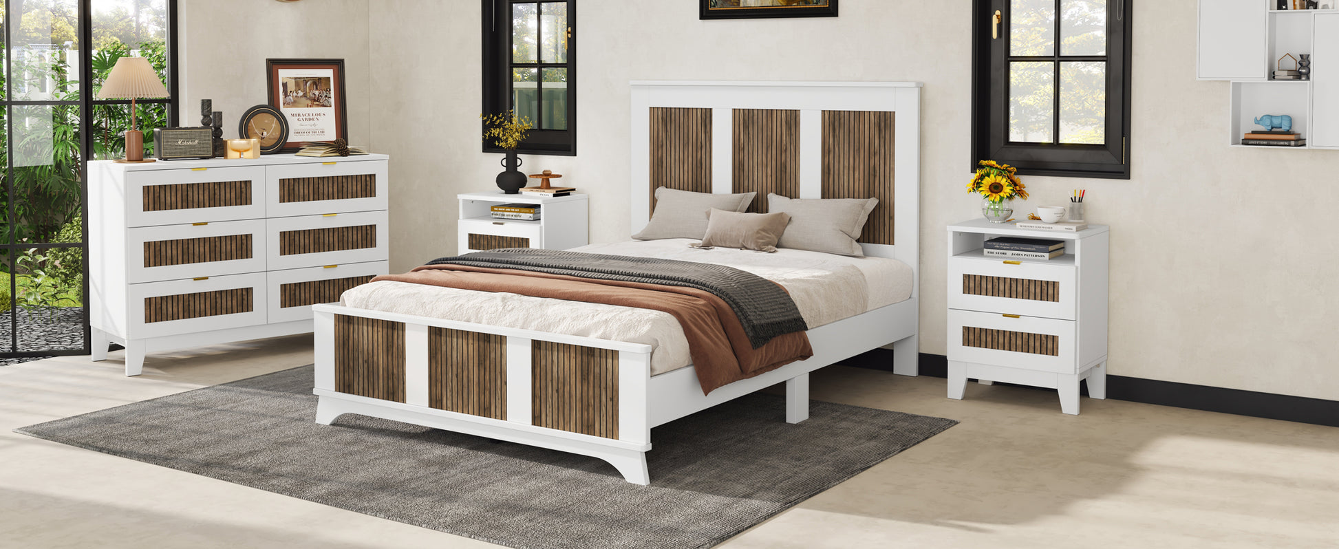 4 Pieces Bedroom Sets, Full Size Farmhouse Platform Bed With Wooden Strip Decoration, Storage Nightstand And Dresser With Metal Handle, White Full White 4 Piece Set Particle Board