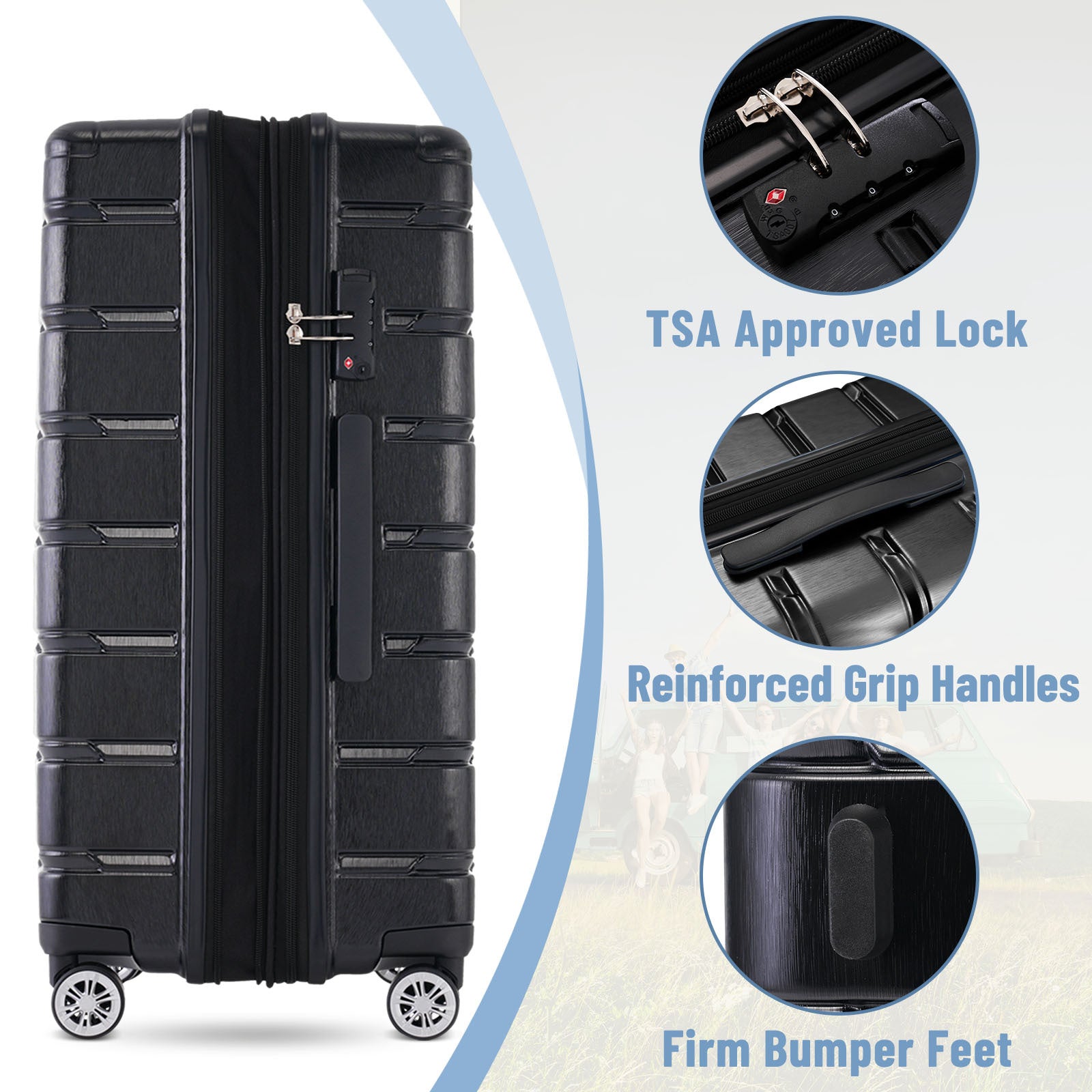 3 Piece Luggage Set Suitcase Set, Lightweight Durable Suitcase With Wheels And Tsa Lock, Expandable Travel Family Luggage For Men Women 20" 24" 27" Black Abs Pc