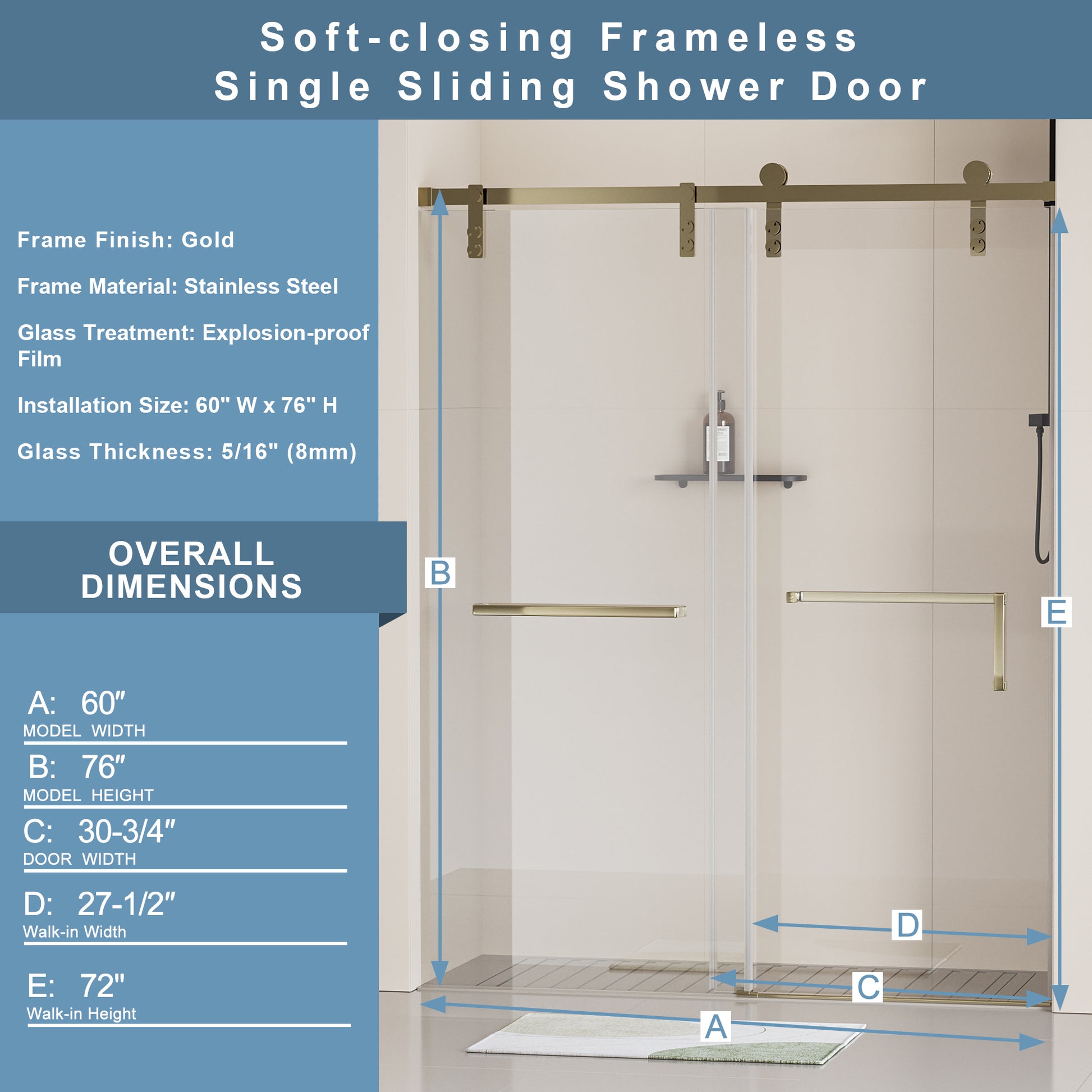 60" W X 76" H Frameless Soft Closing Shower Door, Single Sliding 5 16" 8Mm Clear Tempered Glass Shower Door With Explosion Proof Film, Stainless Steel Hardware, Gold 24D211 60G Combo Gold Tempered Glass