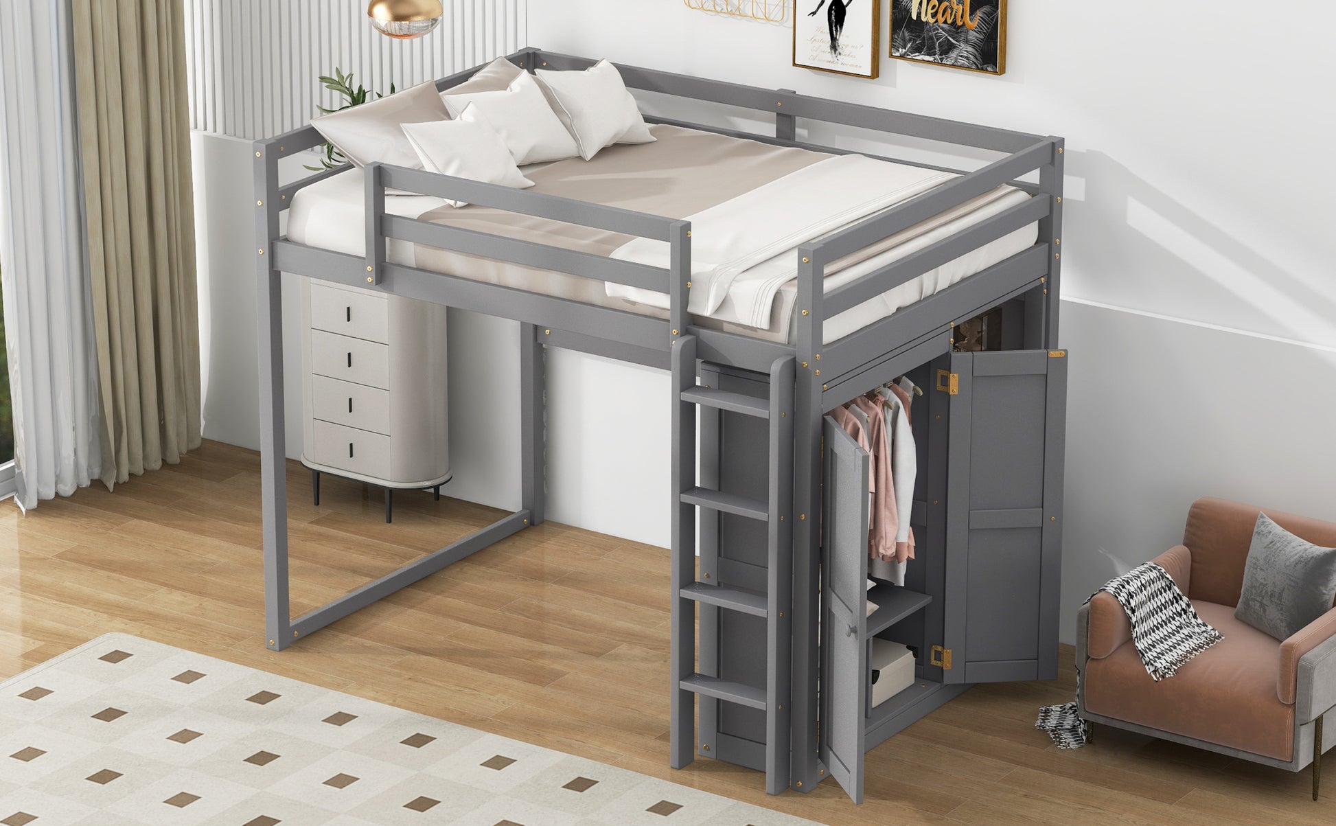 Wood Full Size Loft Bed With Built In Wardrobe And Storage Shelves, Led Light, Gray Box Spring Not Required Full Gray Wood Bedroom Bed Frame Solid Wood Mdf