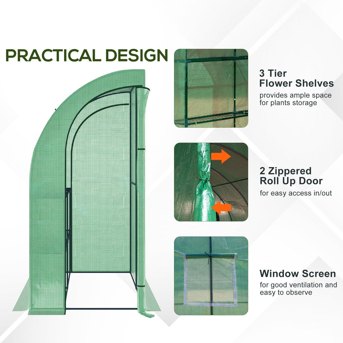 Outsunny 7' X 3' X 7' Lean To Greenhouse, Walk In Green House, Plant Nursery With 2 Roll Up Doors And Windows, Pe Cover And 3 Wire Shelves, Green Green Plastic