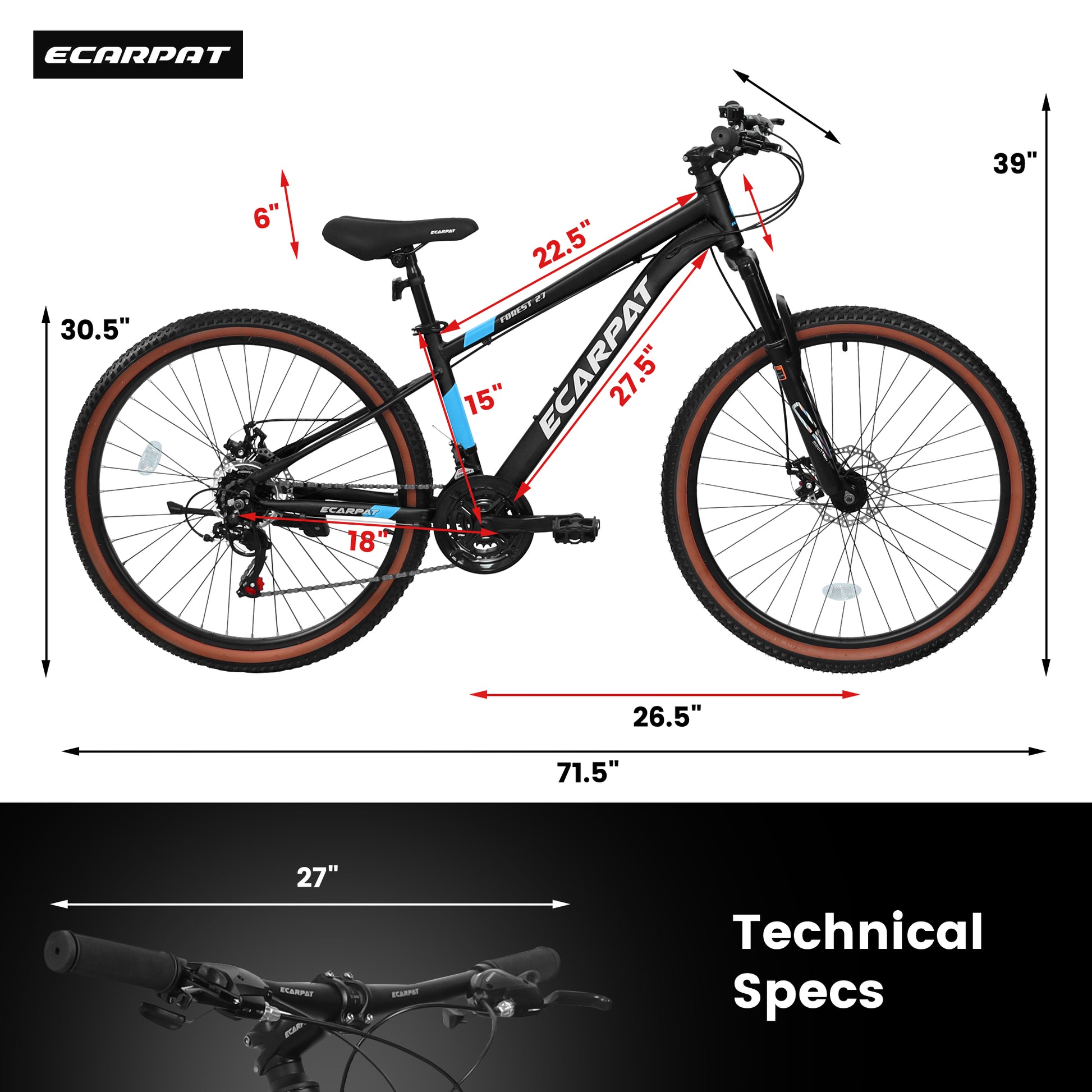 A27302 27 Inch Wheel Mountain Bike, 21 Speed Disc Brake Trigger Transmission, Aluminum Frame Unisex Mountain Bike Black Blue Aluminium