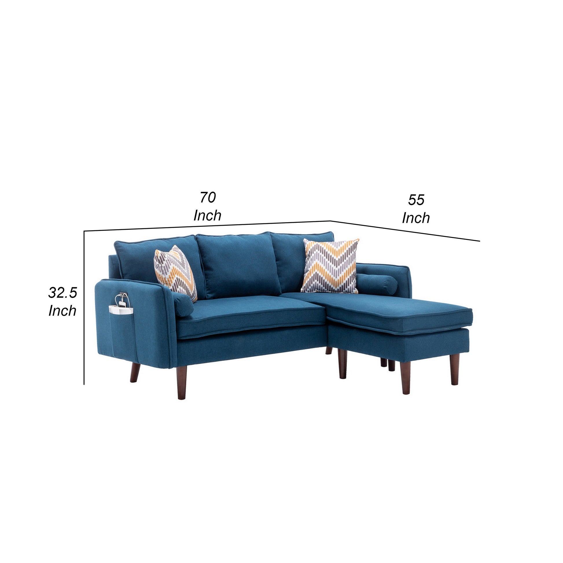 Ranon 70 Inch Sectional Chaise Sofa, Pillows, Usb Ports, Side Pockets, Blue Blue Solid Wood 3 Seat