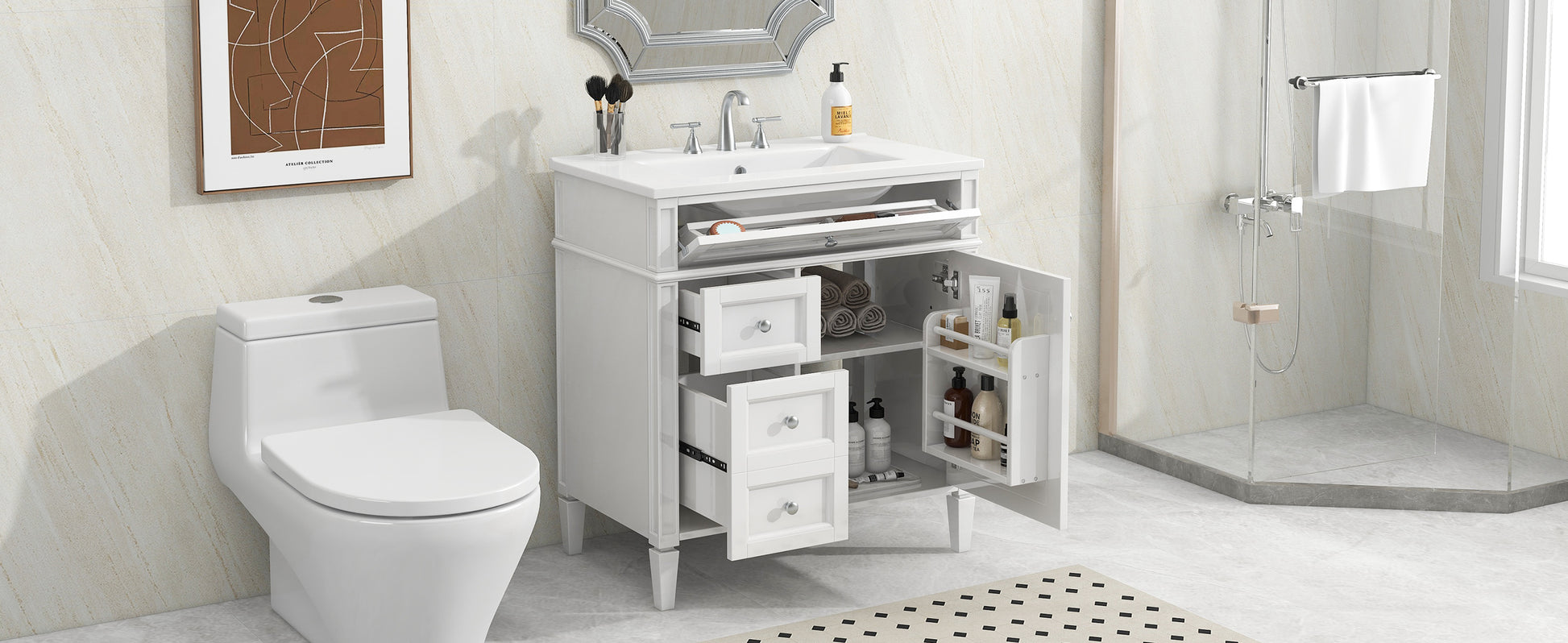 30'' Bathroom Vanity With Top Sink, Modern Bathroom Storage Cabinet With 2 Drawers And A Tip Out Drawer, Single Sink Bathroom Vanity White Bathroom Modern Mdf Ceramic,Solid Wood Mdf