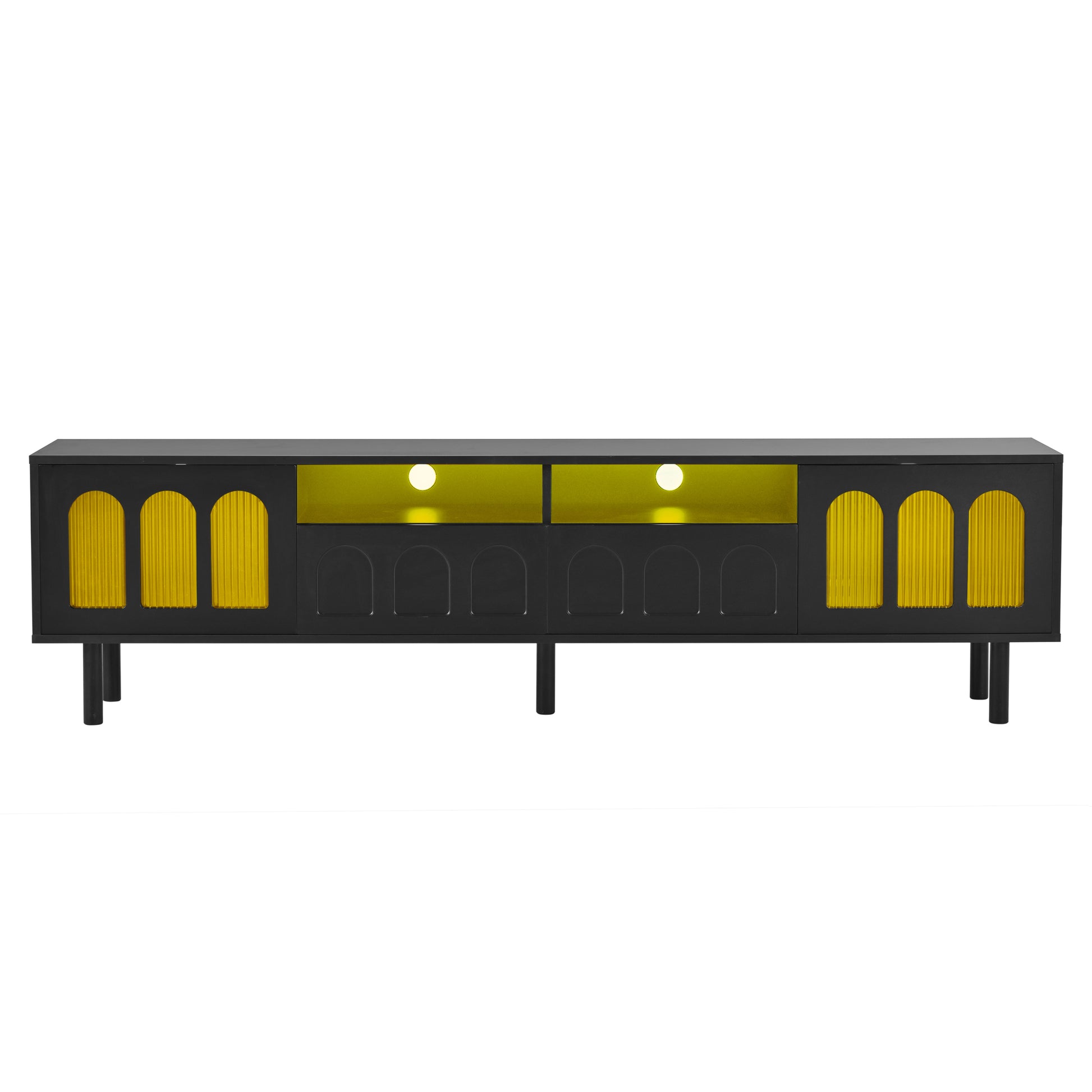Cream Style Tv Stand With Led Light Strip For Tvs Up To 80'', Graceful Entertainment Center With 5 Solid Wood Legs, Large Storage Media Console With Fluted Tempered Glass Doors, Black Black 80 89 Inches Particle Board