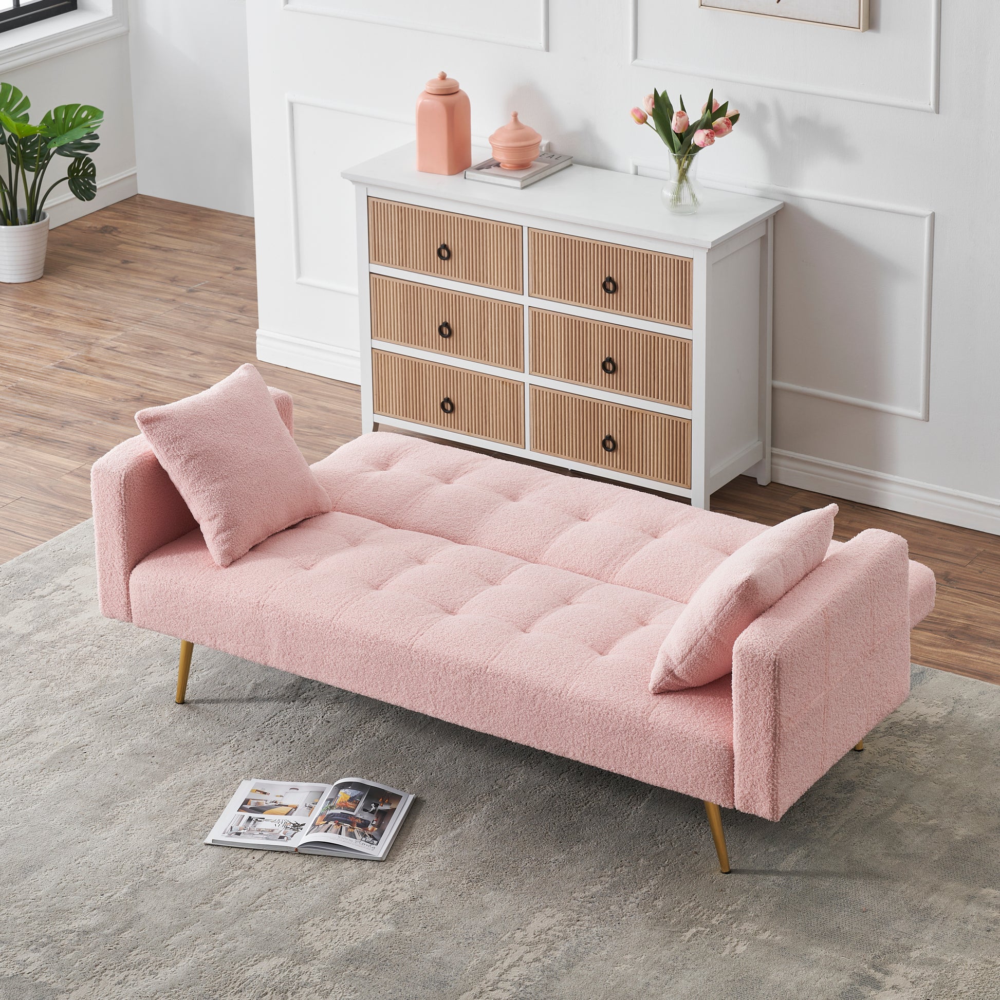 71.7 Inch Pinkteddy Fleece Sofa Bed Bring Two Throw Pillows Pink Fabric 2 Seat