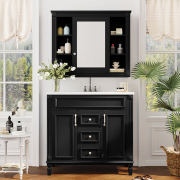 36'' Bathroom Vanity With Top Sink, Black Mirror Cabinet, Modern Bathroom Storage Cabinet With 2 Soft Closing Doors And 2 Drawers, Single Sink Bathroom Vanity Black Bathroom Mdf Ceramic,Solid Wood