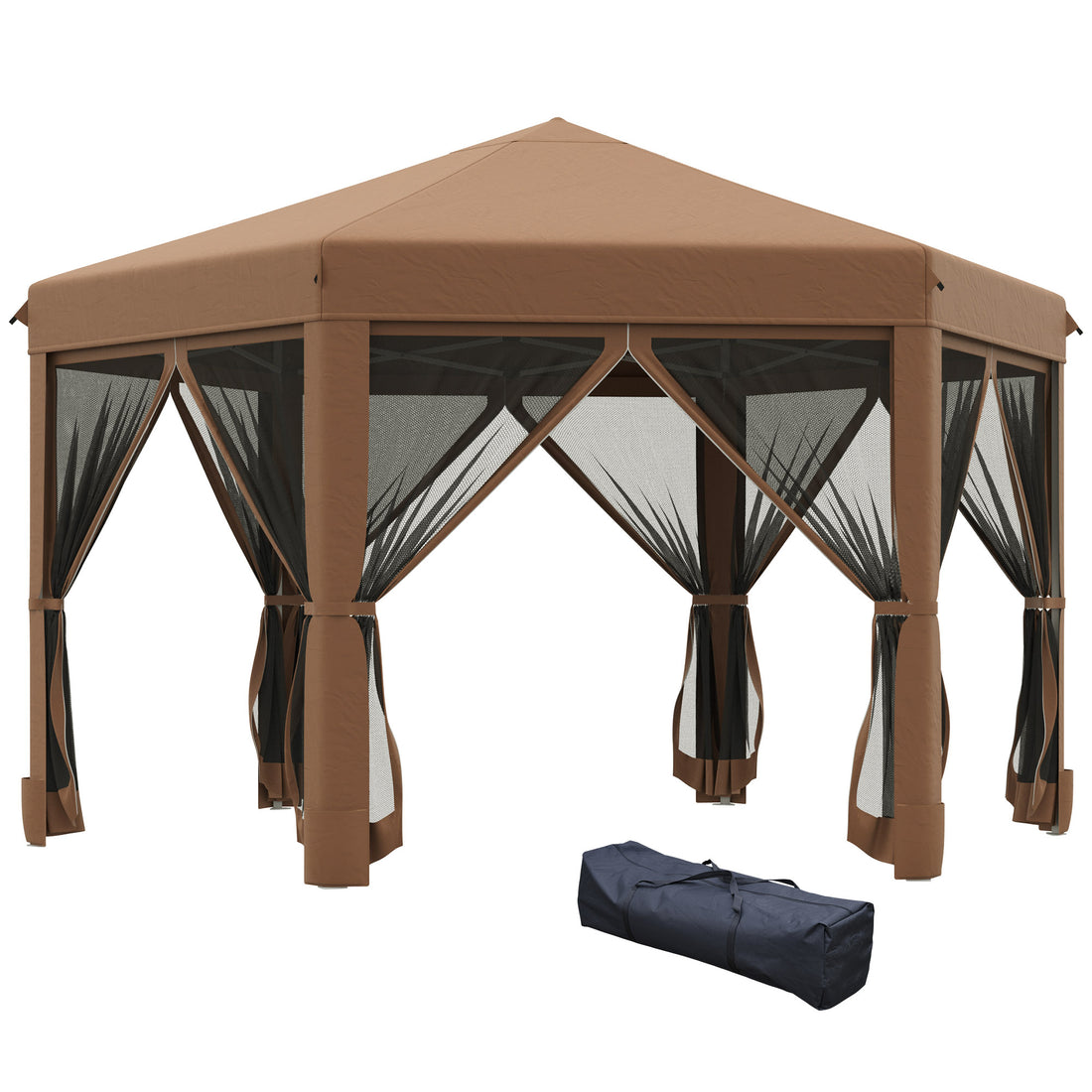 Outsunny 13' X 11' Hexagonal Pop Up Gazebo, Heavy Duty Outdoor Canopy Tent With 6 Mesh Sidewall Netting, 3 Level Adjustable Height And Strong Steel Frame, Brown Dark Brown Steel