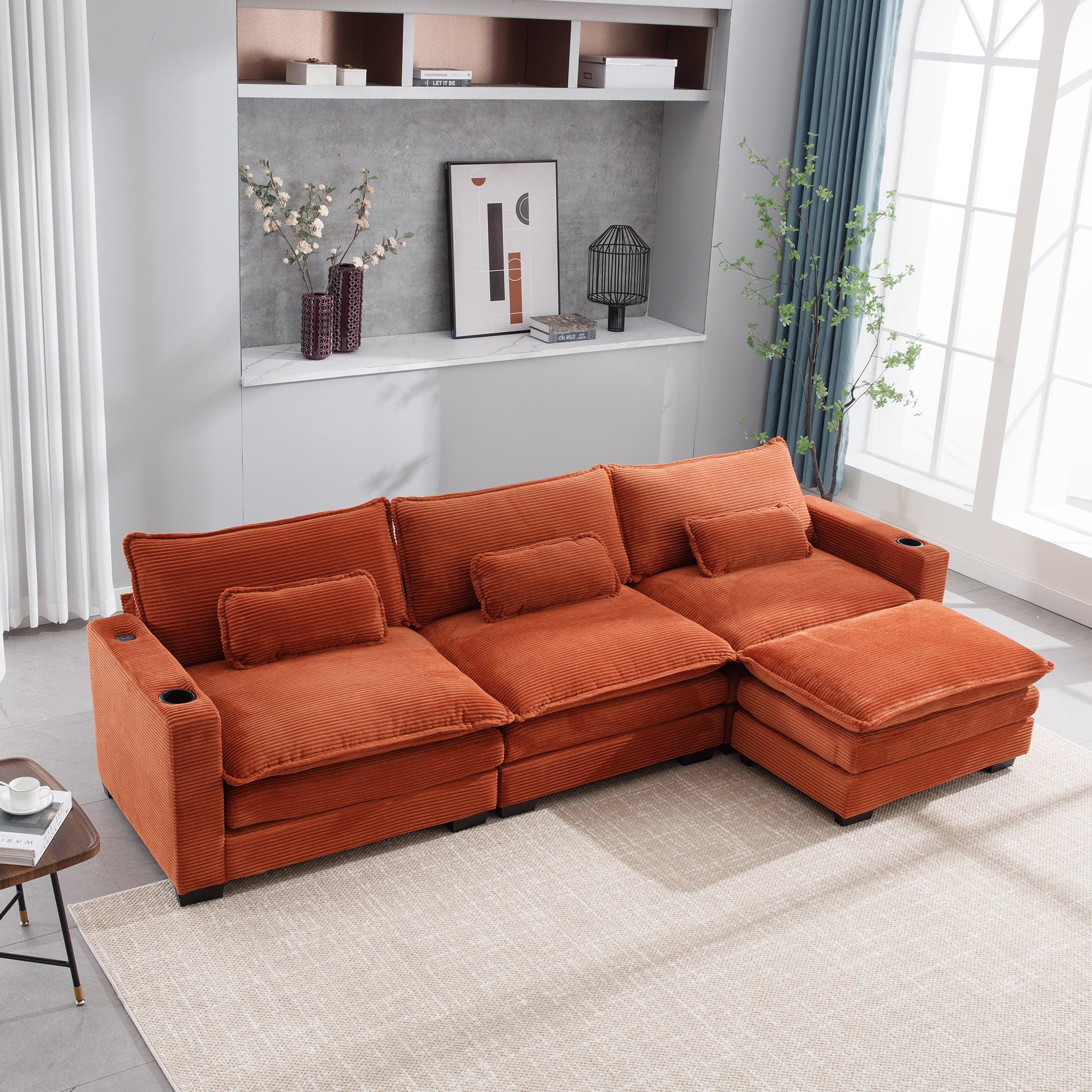 L Shape Sofa Couch With Usb & Cup Holders, Corduroy Stripe Fabric 3 Seater Sofa With 1 Ottoman, Orange Orange Wood 4 Seat