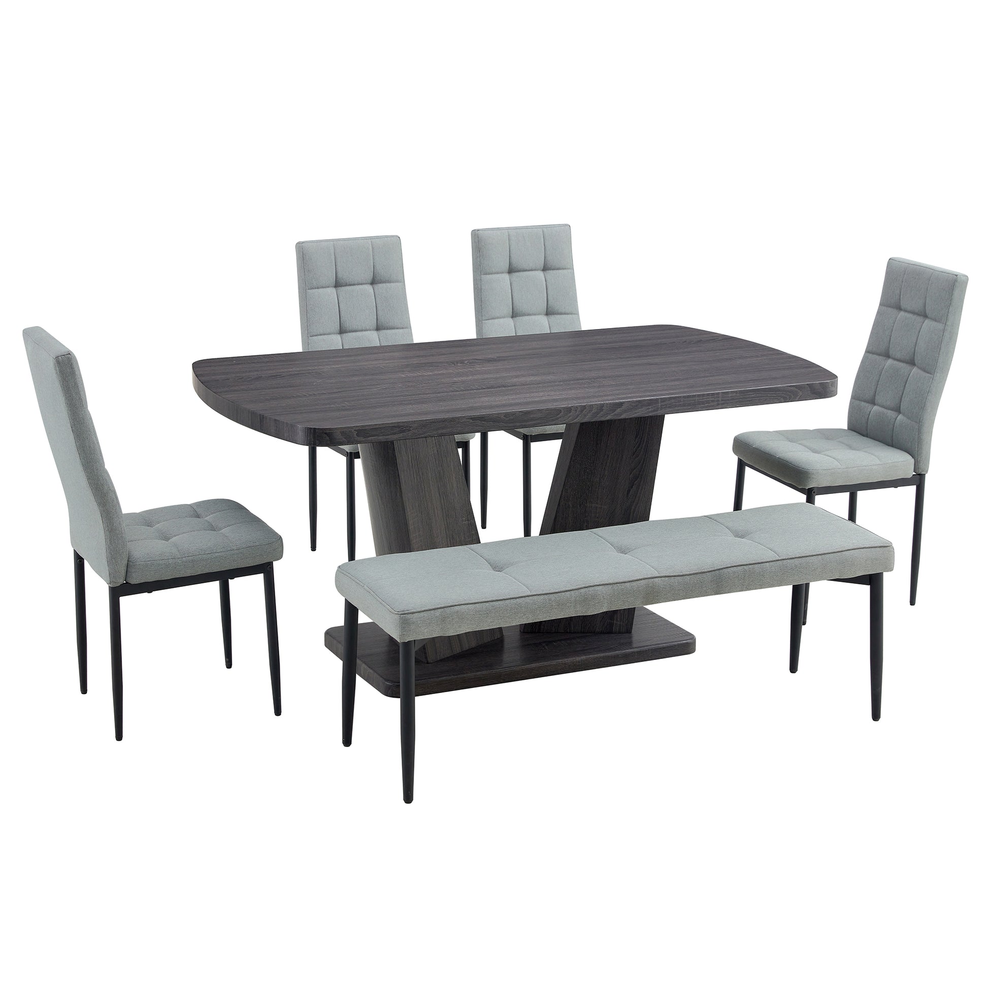 63" Modern Style 6 Piece Dining Table With 4 Chairs & 1 Bench, Table With Wood Veneers Tabletop And V Shaped Table Legs Metal Grey Modern Rectangular Mdf Mdf