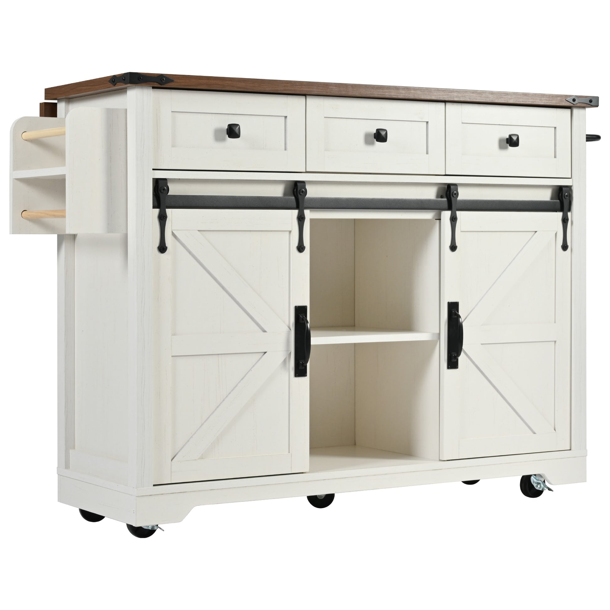 K&K 53.7" Farmhouse Kitchen Island With Power Outlet, 2 Sliding Barn Door Kitchen Storage Island With Drop Leaf, Spice Rack Rolling Kitchen Cart On Wheels, For Home, Kitchen And Dining Room, White