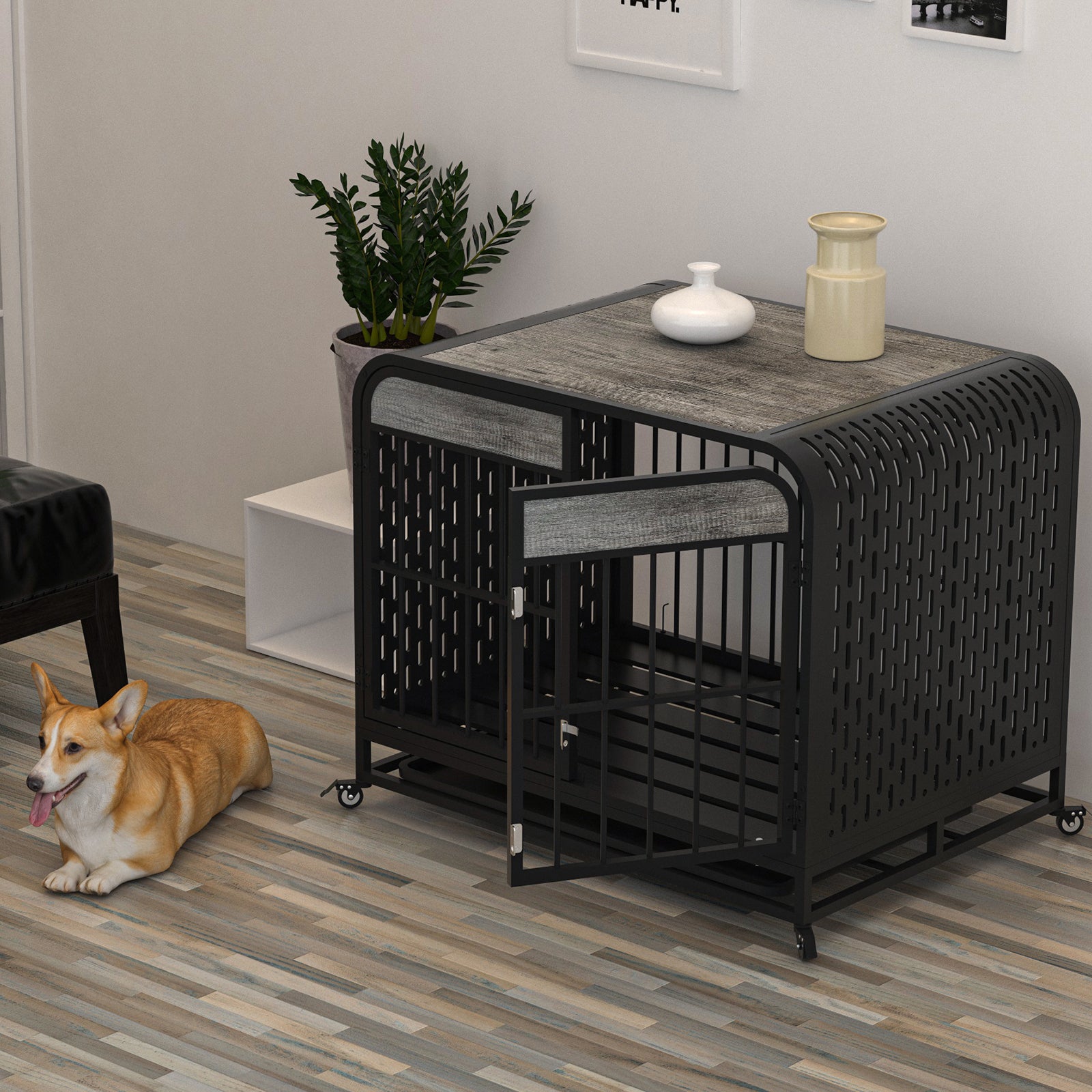 Heavy Duty Dog Crate Furniture Wooden Table Pet Dog Cage Kennel House Indoor Side End Table Decor With Removable Trays And Lockable Wheels For Small Dogs 33" Grey Grey Outdoor Kennel Small 11 25 Lbs Mdf Steel