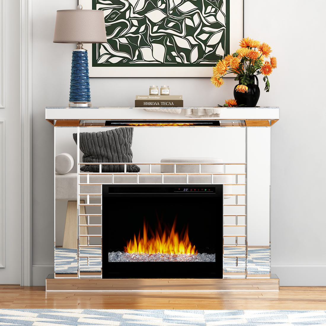 44'' W Electric Fireplace With Silver Mirrored Mantel Silver 400 Primary Living Space Modern Yes Freestanding Metal Synthetic Wood Mirror Electric