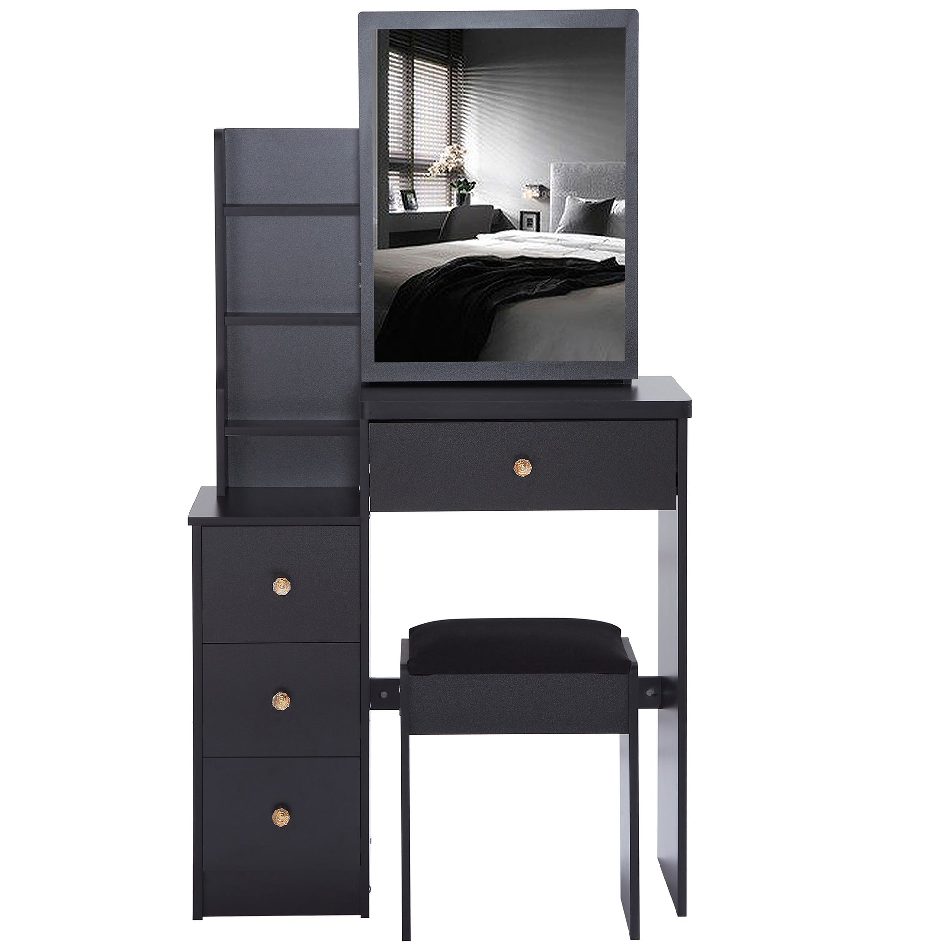 Small Size Left Bedside Cabinet Vanity Table Cushioned Stool, Extra Large Sliding Mirror, Multi Layer, High Capacity Storage Fashionable Dresser, Suitable For Small Space, Epa,Gcc,Ul Certificate