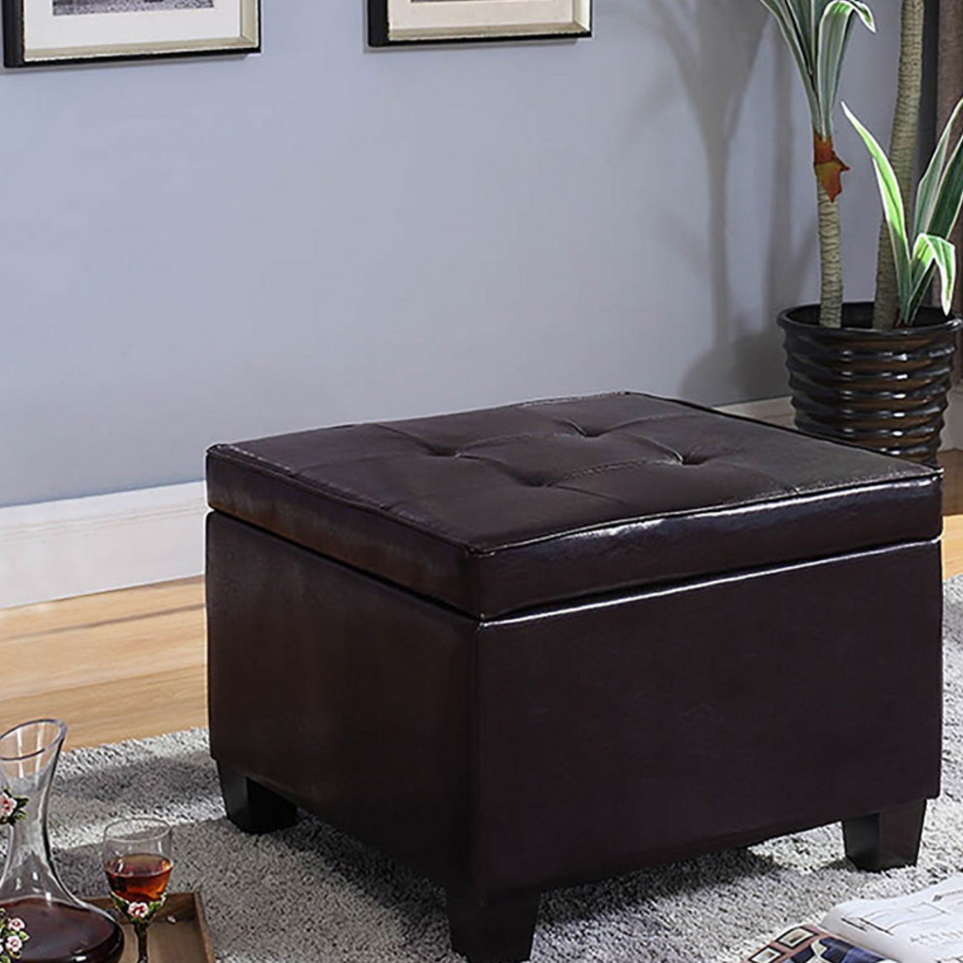 15" Tall Wood And Leather Storage Ottoman, Brown Brown Wood